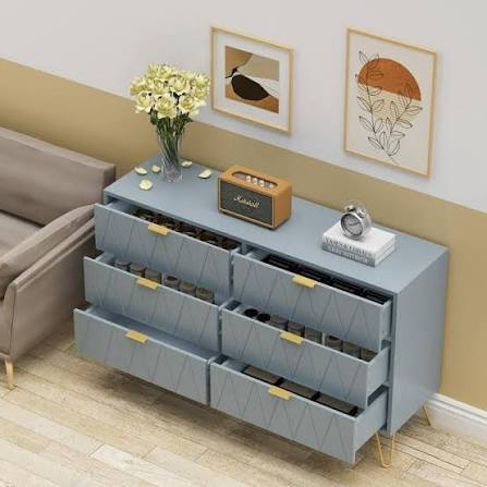Condition photo showing New/Like New for hostack modern 6 drawer dresser, double chest of drawers with storage, large wooden storage dresser organizer with cut-out handle, accent storage cabinet for living room, light blue  hos-pb-495 