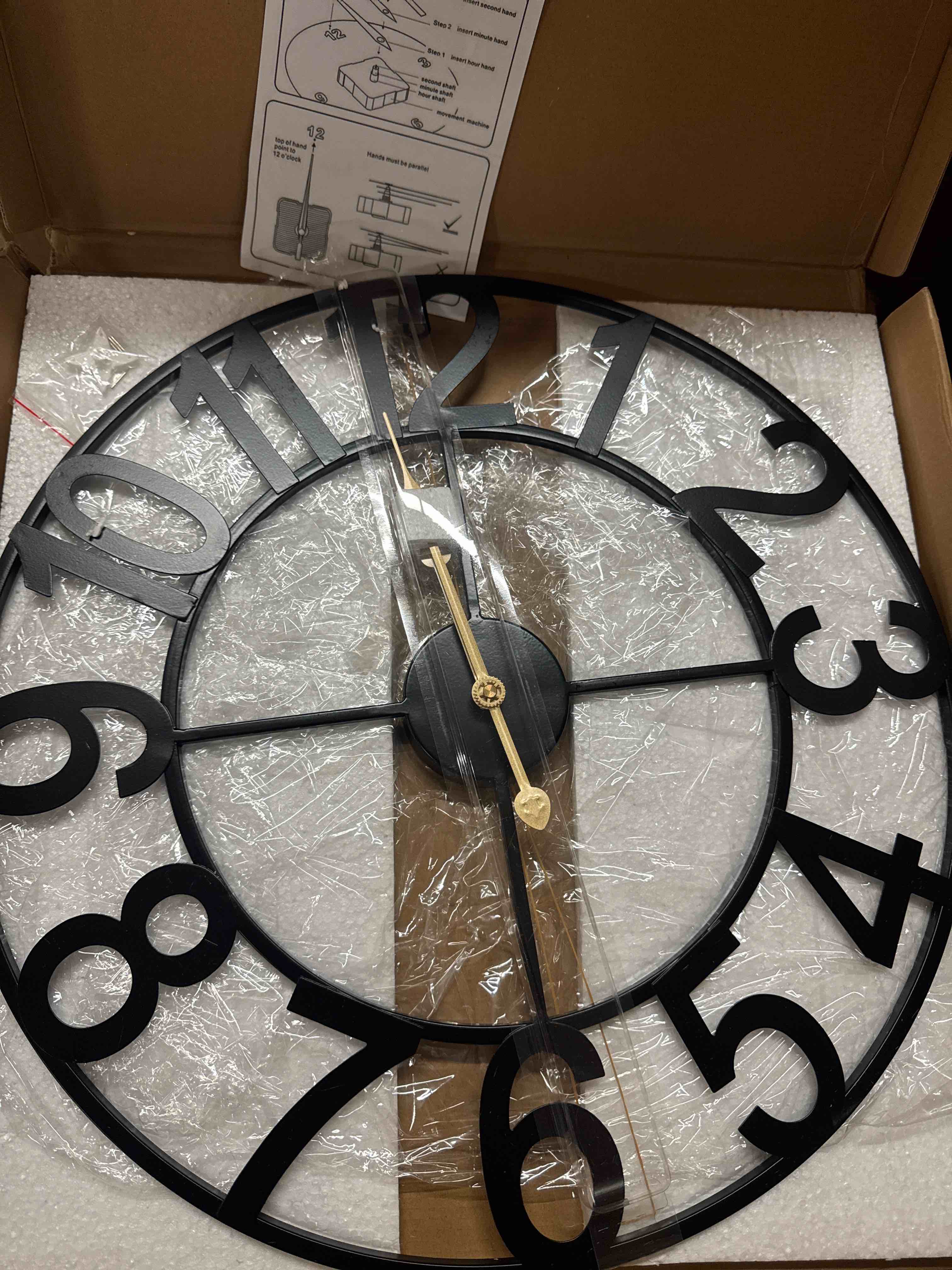 Condition photo showing New/Like New for large wall clock, wall clocks for living room, modern metal battery-operated decorative round black clock silent non ticking arabic numerals for kitchen mantel bedroom office