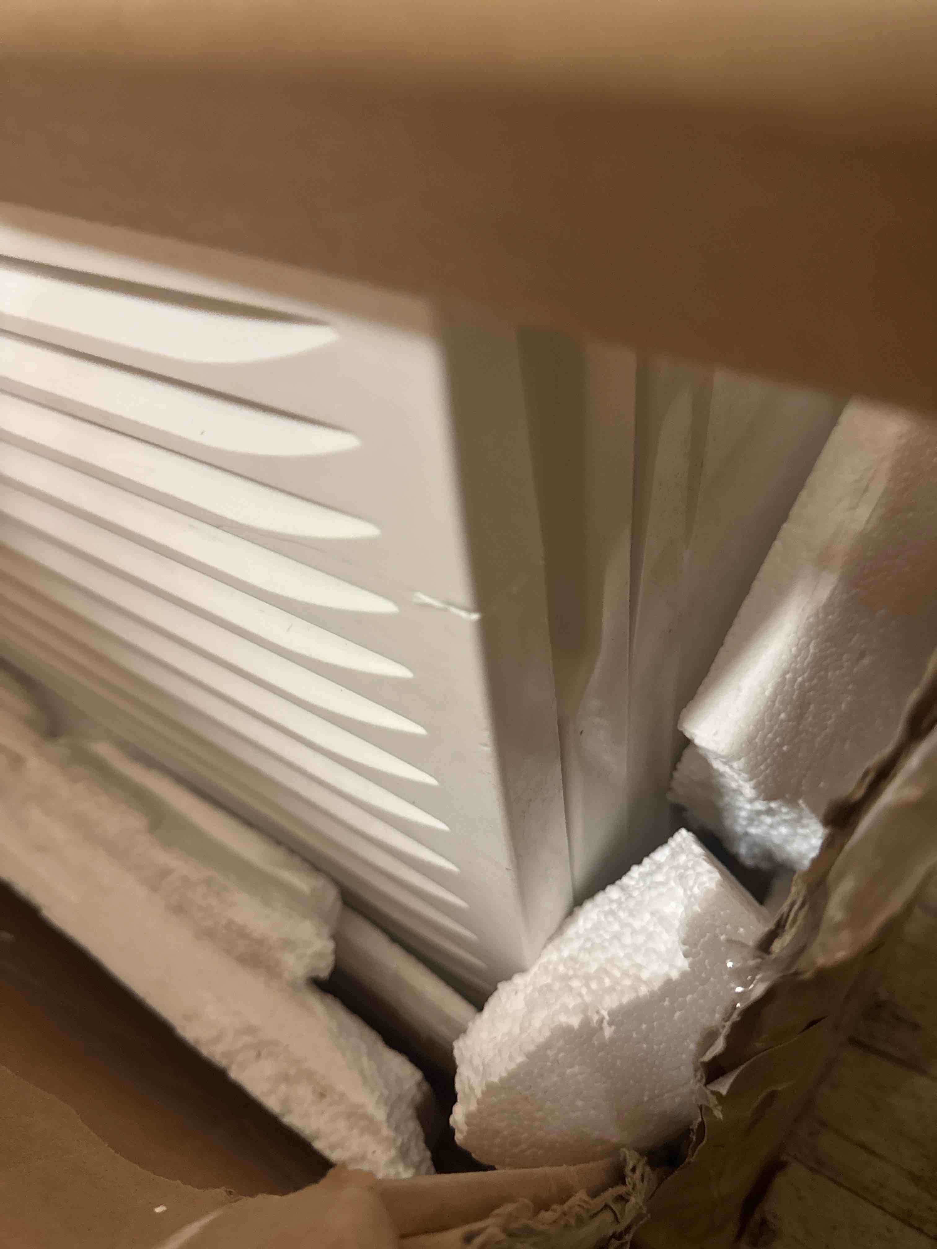 Condition photo showing As Is for lg 10,000 btu through the wall air conditioner, 115v, cools up to 440 sq. ft. for bedroom, living room, apartment, with remote, 3 cool & fan speeds, wall ac unit, white