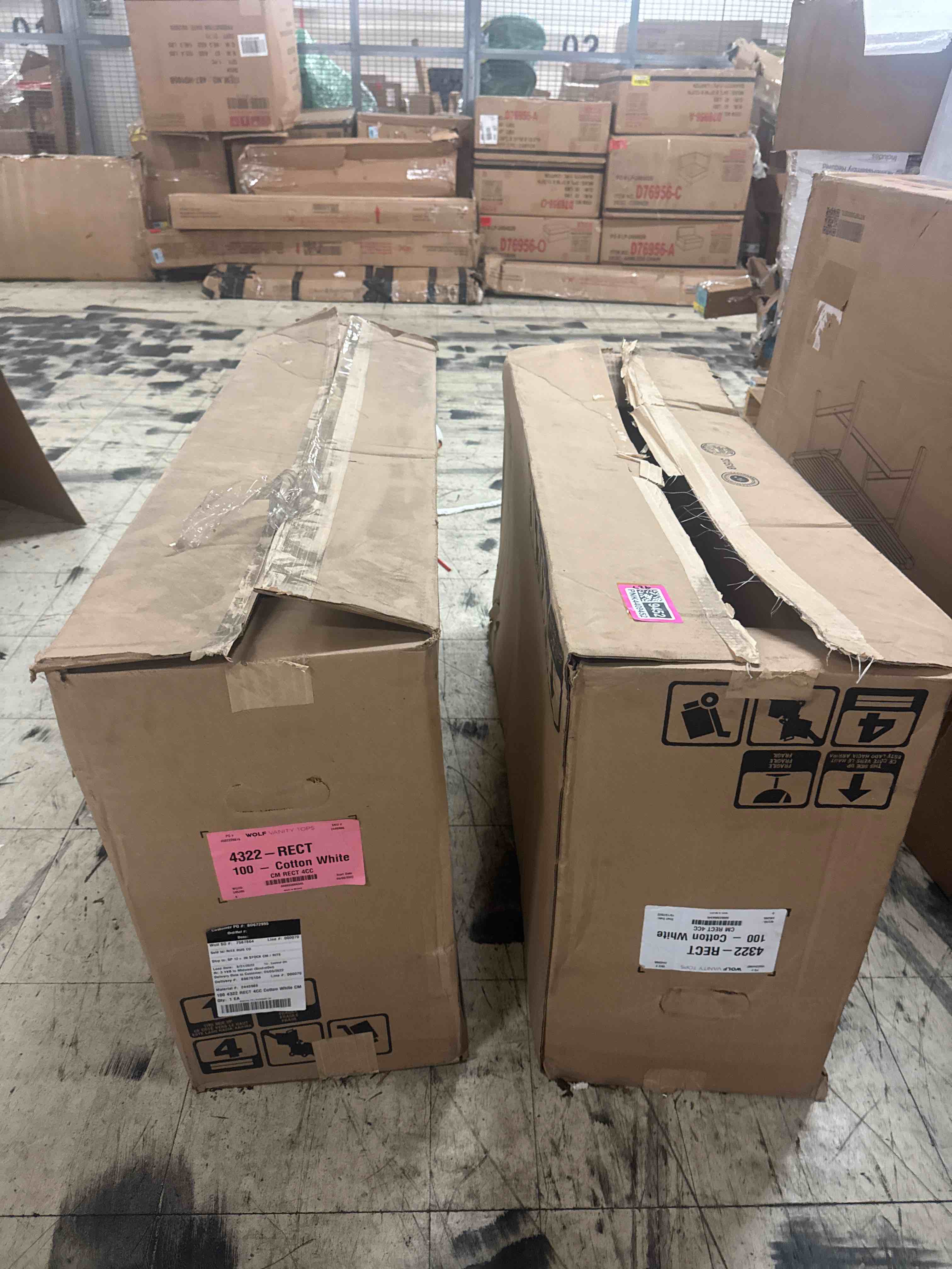 Condition photo showing New/Like New for (2) wolf cultured marble cloud white vanity top 43" x 22" rectangular sink 8" widespread faucet (sku 2888214) (bid is per vanity top/lot is for 2 total tops.)