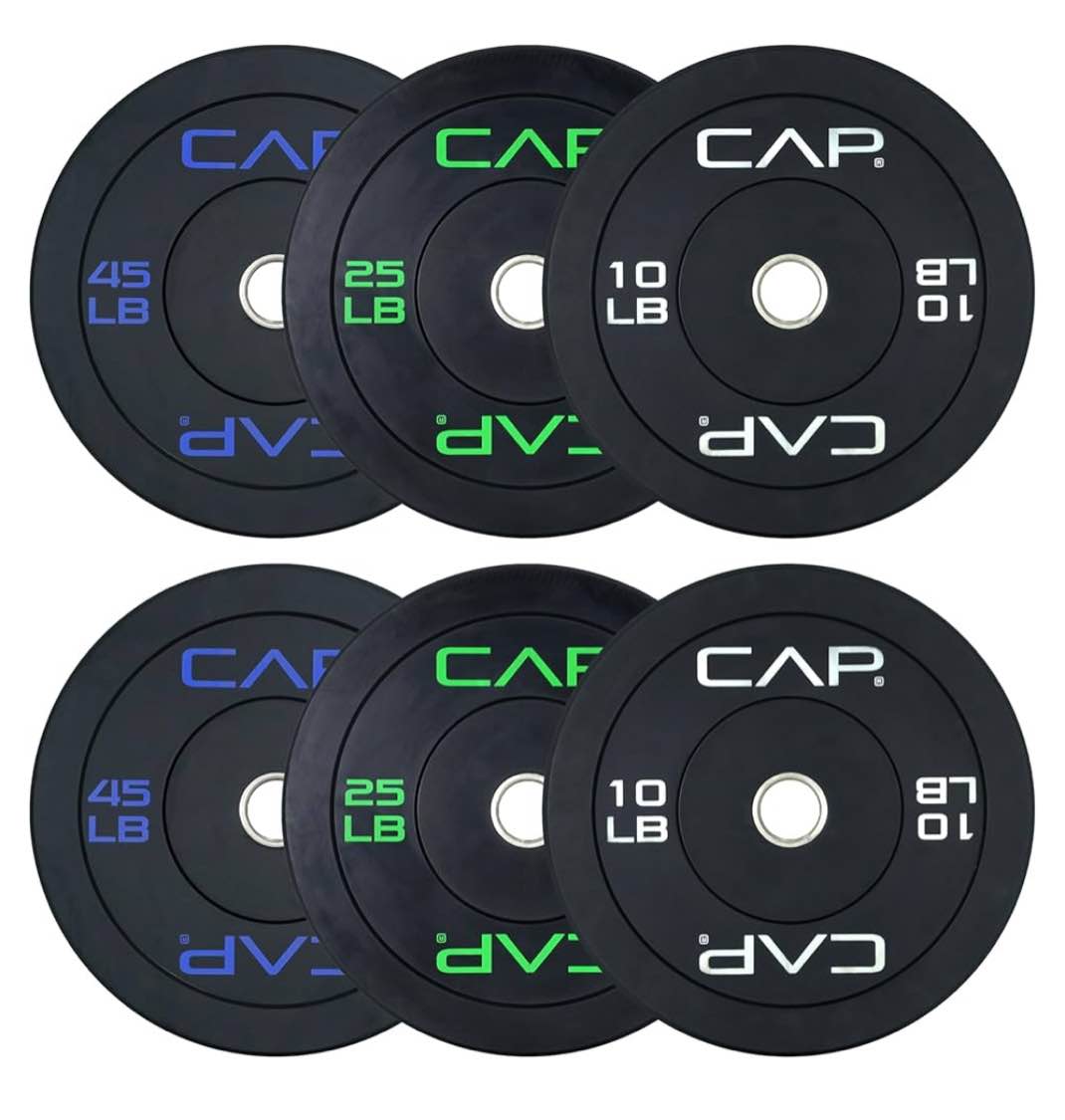 CAP Barbell 2-Inch Olympic Bumper Plate Weight Set with 6 Post Rack | 100-370 lbs | Multiple Options (4 boxes total)