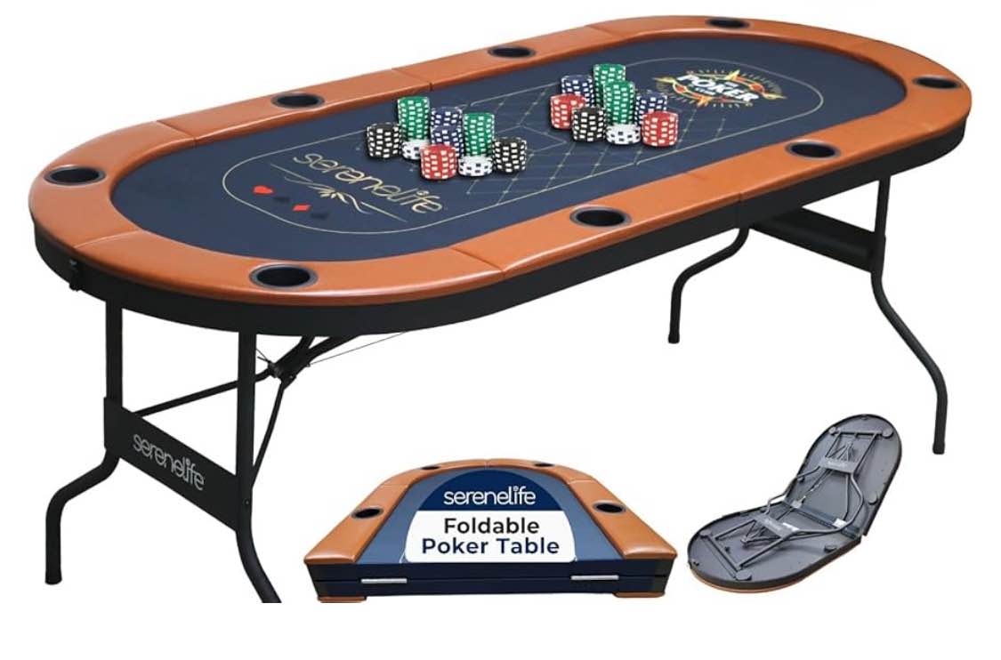 SereneLife 8 Player Foldable Poker Table, 71 inch Portable Casino Table for Texas Holdem w/Cushioned Rail & Cup Holders, Folding Game & Card Table