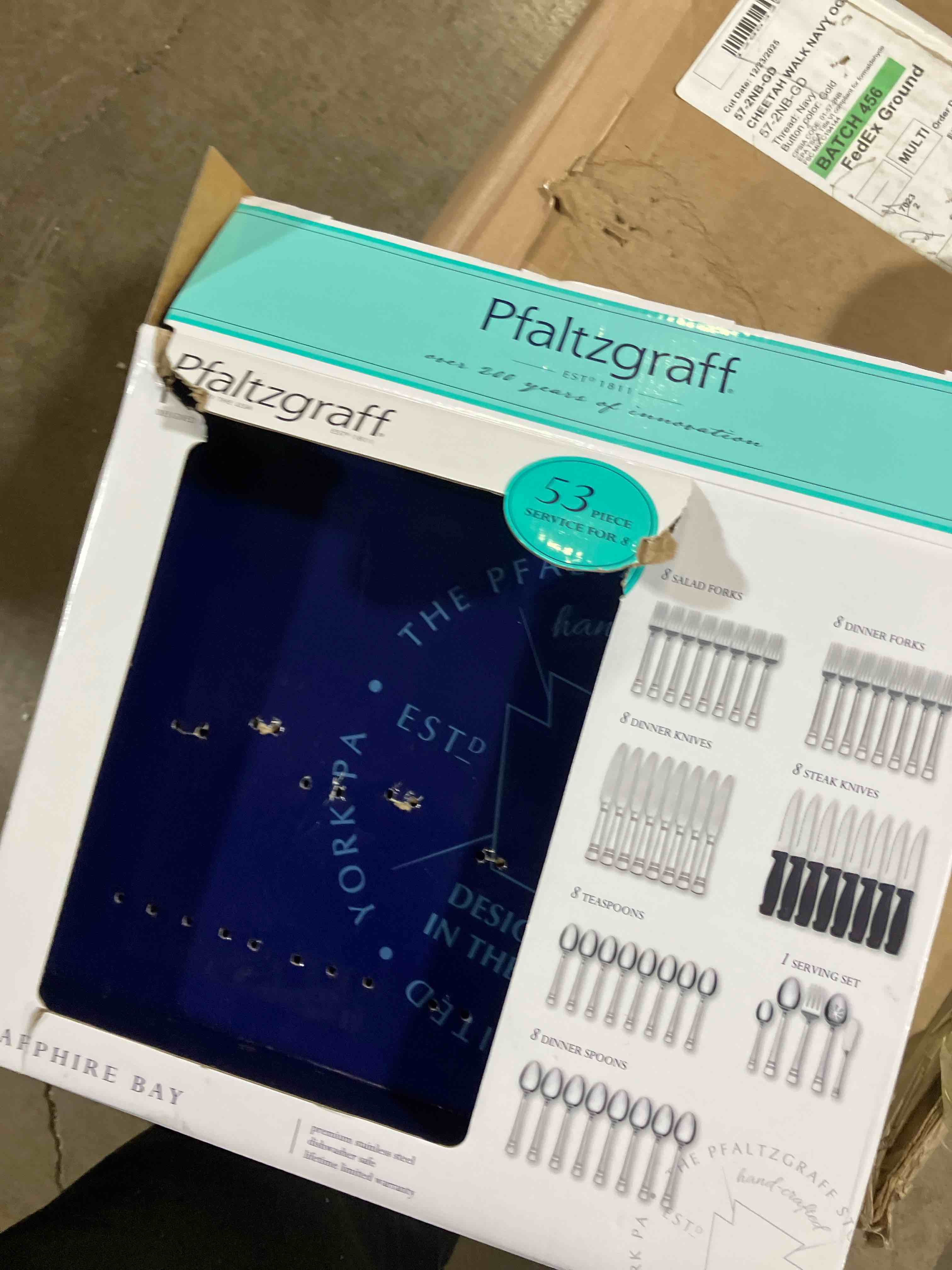 Condition photo showing Good Condition for Pfaltzgraff Sapphire Bay 53-piece 18.0 Stainless Steel Flatware Set  Service of 8 ( Missing Pieces)