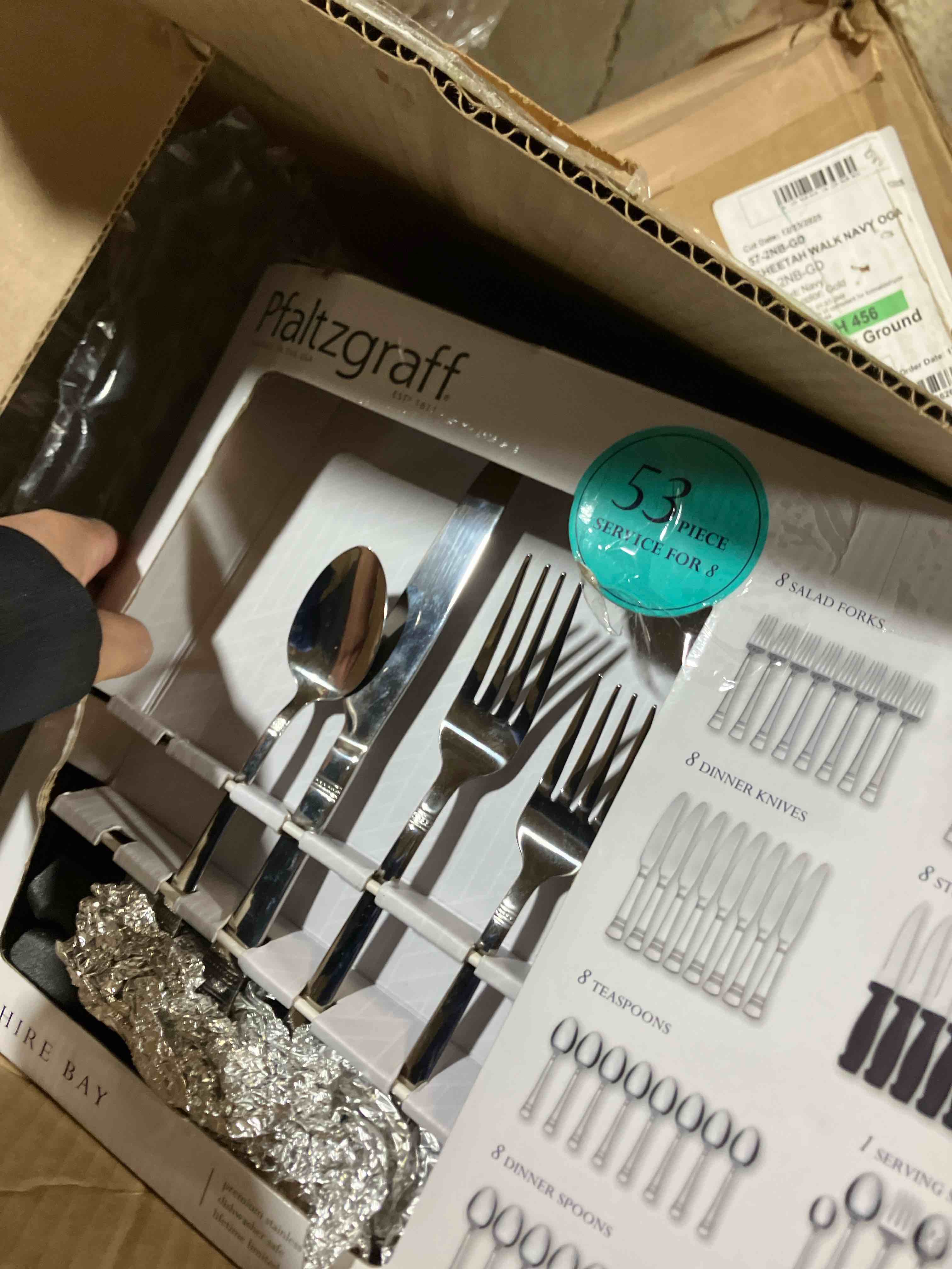 Condition photo showing Good Condition for Pfaltzgraff Sapphire Bay 53-piece 18.0 Stainless Steel Flatware Set  Service of 8