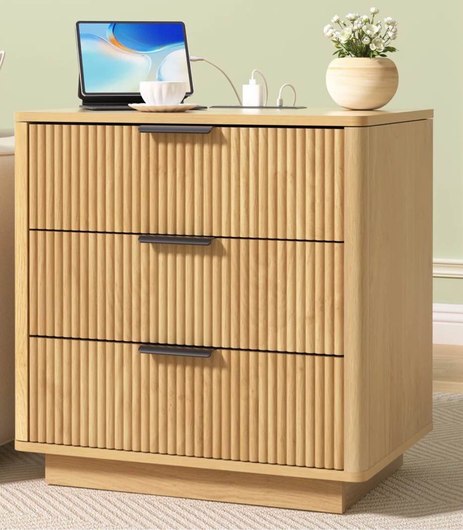 23.2" W 3-Drawers Fluted Nightstand with Charging Station 