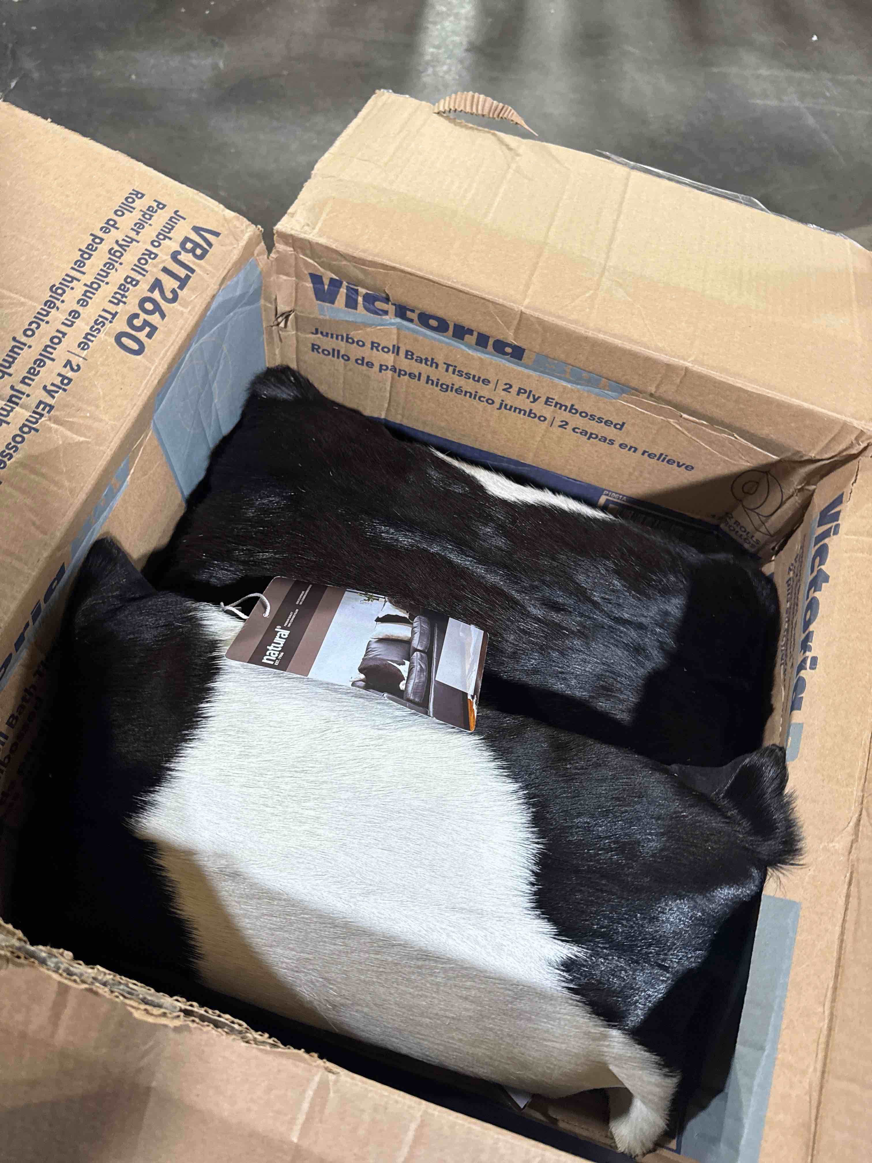 Condition photo showing New/Like New for Set of 2, Natural Torino Cowhide Throw Pillows with Poly Insert | Kobe Accent Pillows Handcrafted from 100% Cow Hide, Black & White, 12 in x 20 in