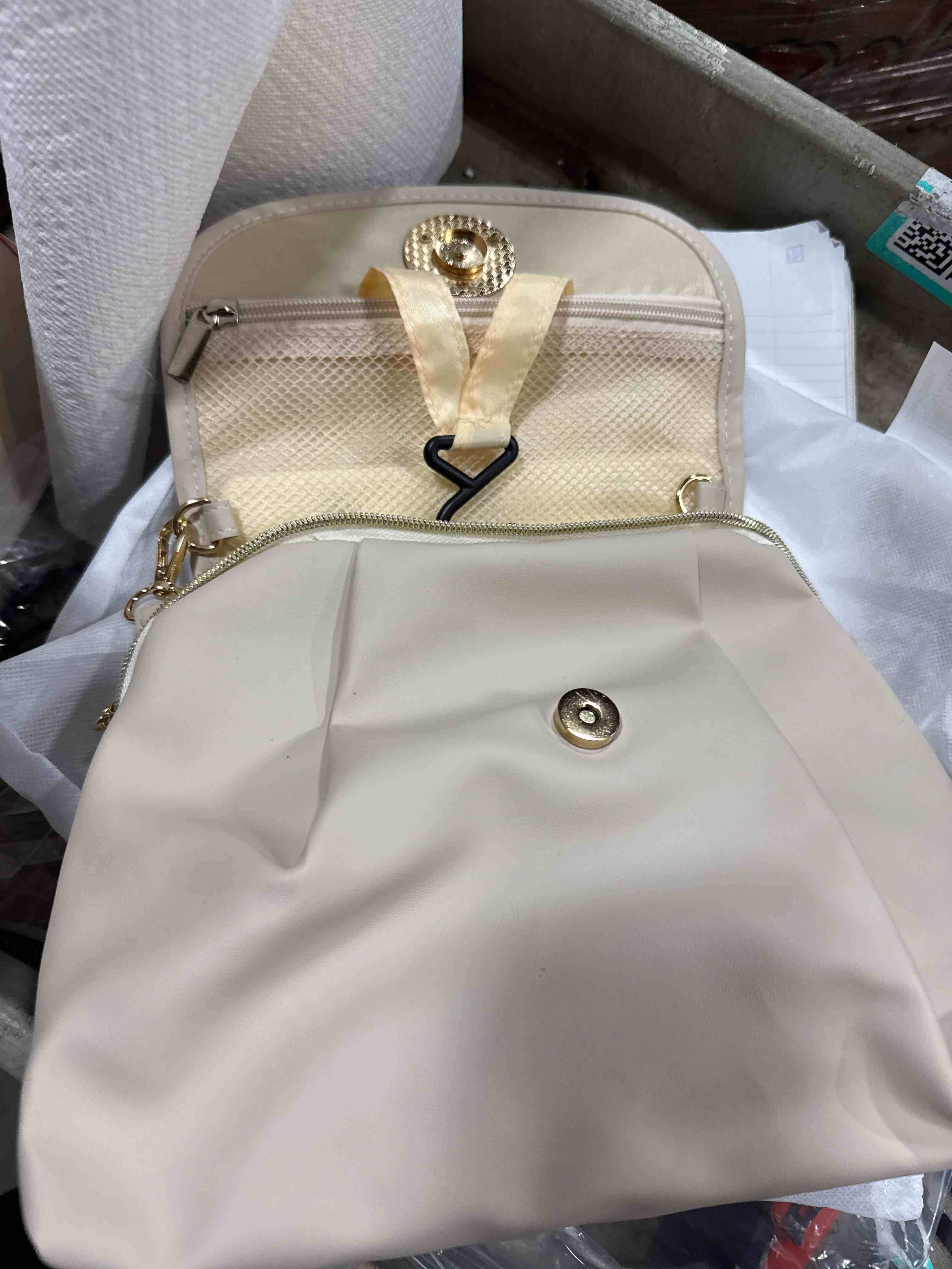 Condition photo showing New/Like New for Travel Toiletry Bag for Women - Hanging Cosmetic Makeup Organizer with Clear Compartments, Water-Resistant Cosmetic Bag, Perfect for Vacation, and Daily Use (White)