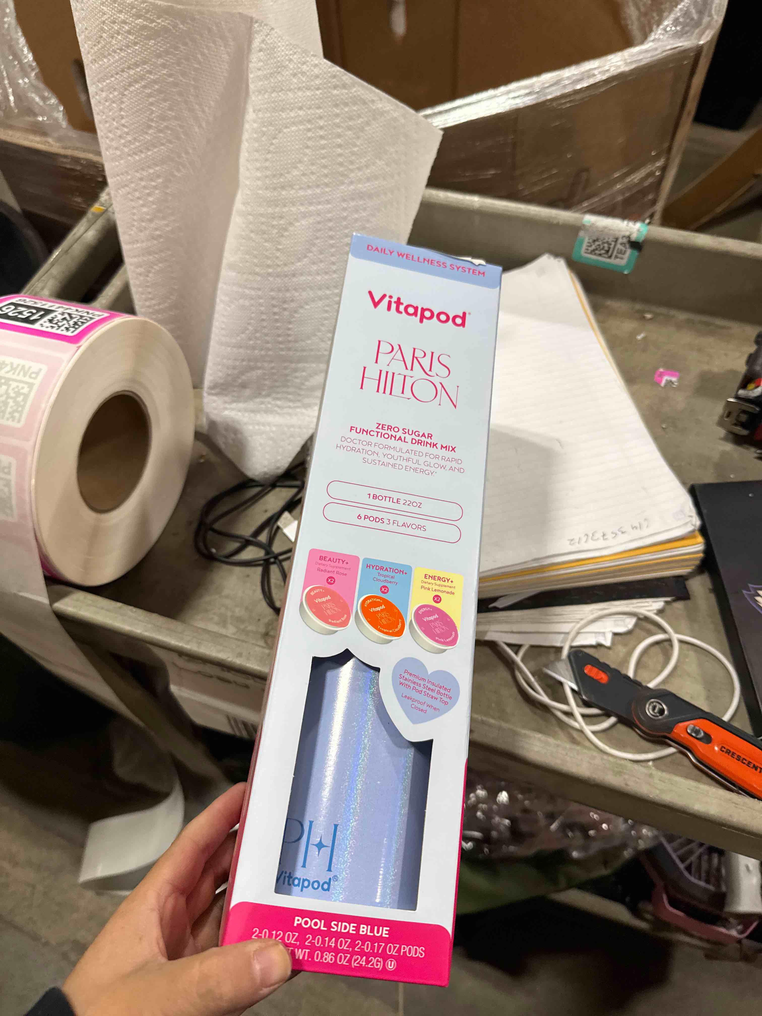 Condition photo showing New/Like New for Vitapod Paris Hilton x Daily Wellness System - 22oz Pearlescent Water Bottle in Poolside Blue & 6 Drink Mix Pod Sampler, Includes BEAUTY+, HYDRATION+, and ENERGY+ Functional Drink Mix Pods