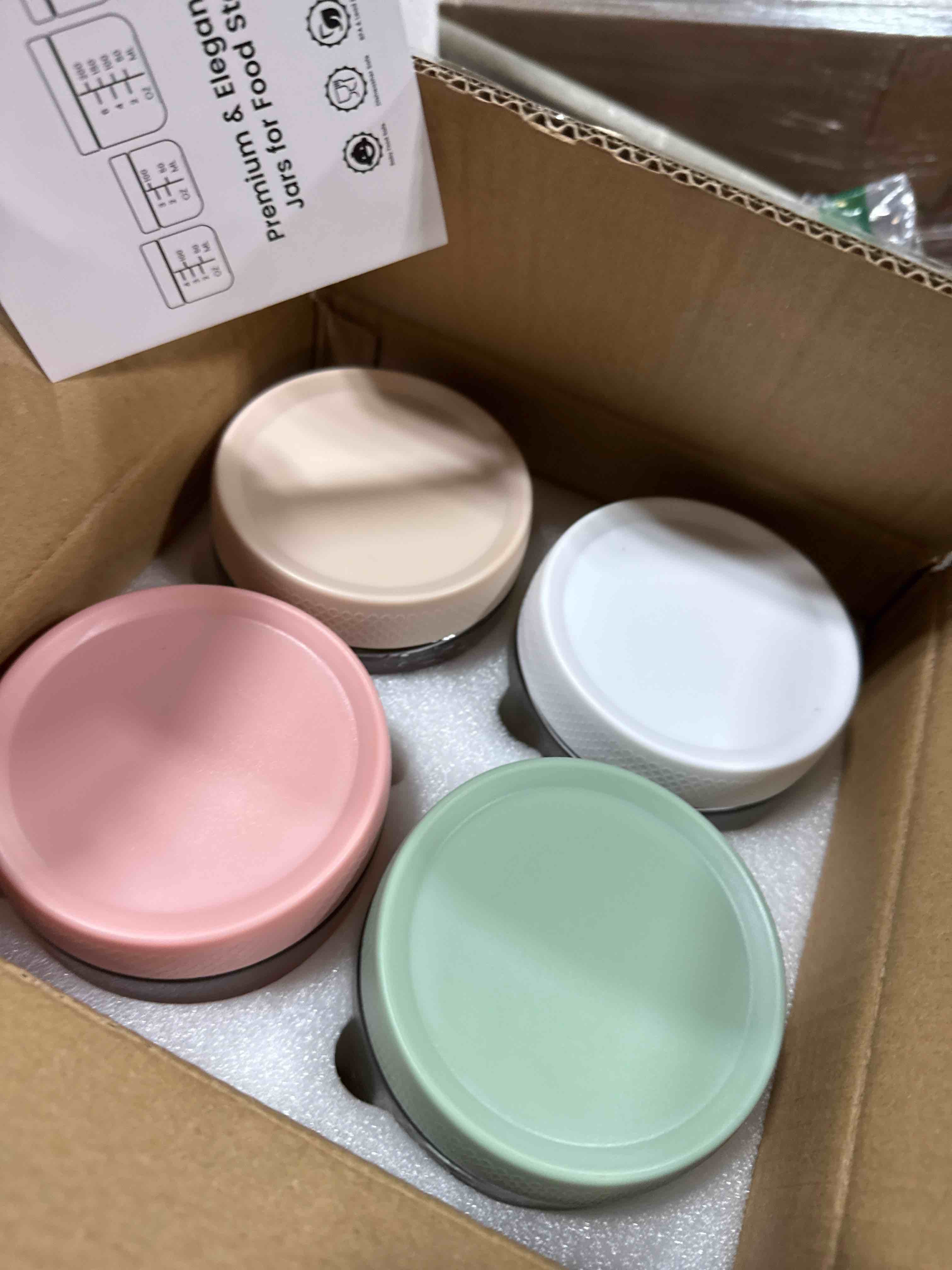 Condition photo showing New/Like New for 4-Pack Overnight Oats Containers with Lids,16 OZ Wide Mouth Glass Jars with Airtight Lids, Mason Jars Glass Food Containers for Snack Spice Sugar Food Prep Yogurt 4-colors