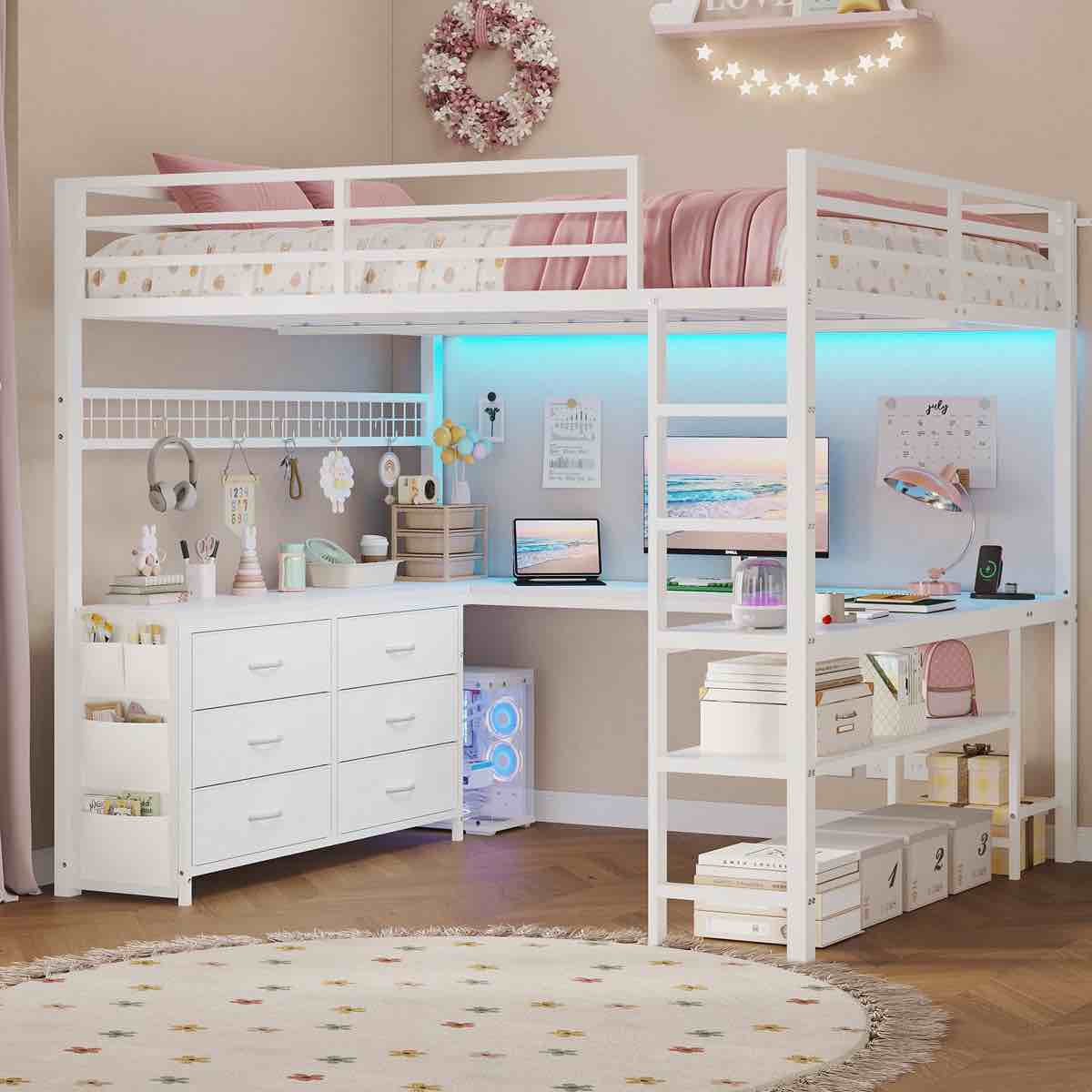 loft bed full size with u-shaped desk, 6 storage drawers, power outlet, led metal loft bed with 2 storage shelves, bed with safety guardrail & ladders, no box spring needed by mason & marbles