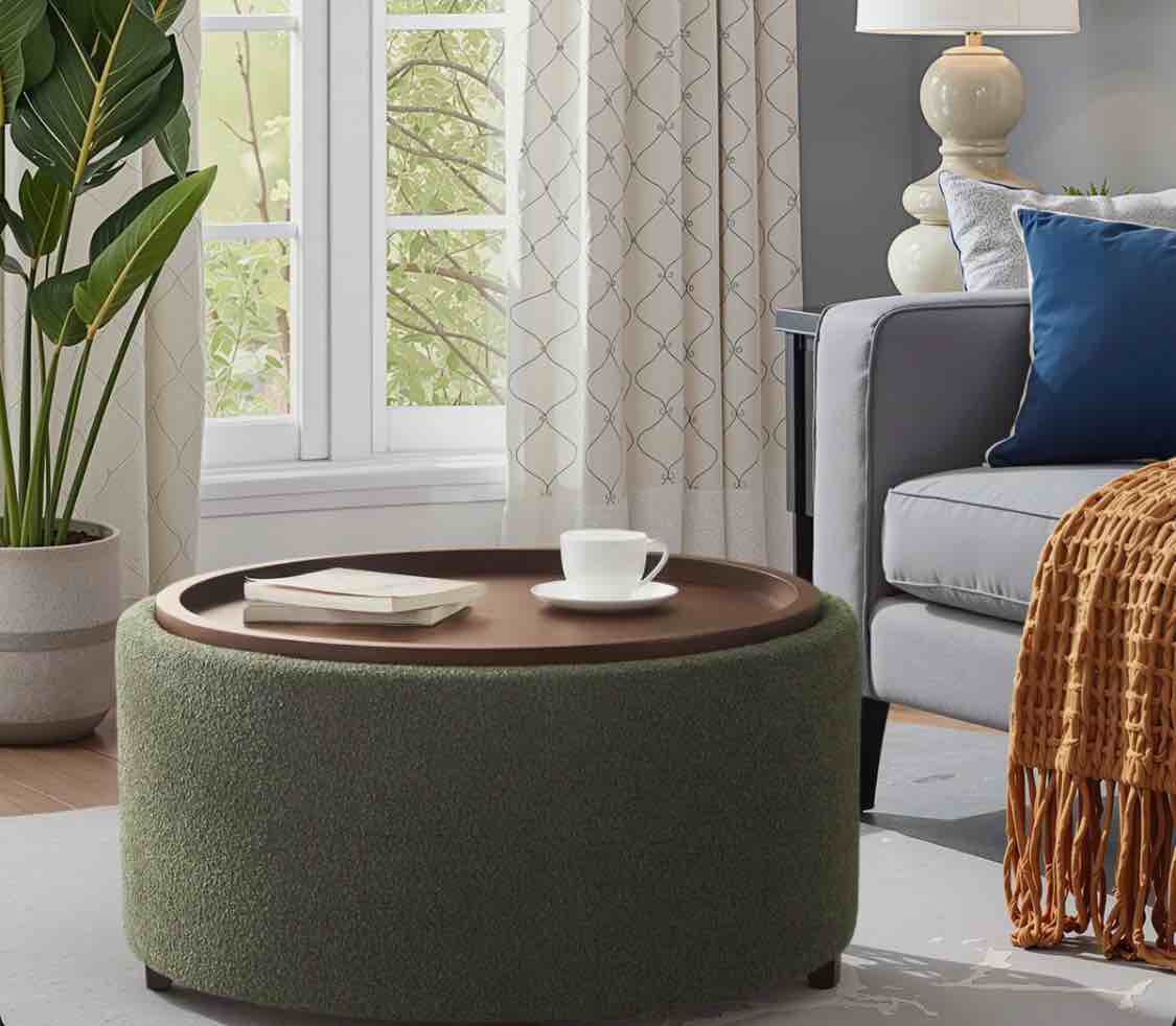 caysey 30.1" w upholstered round storage ottoman with wooden tray