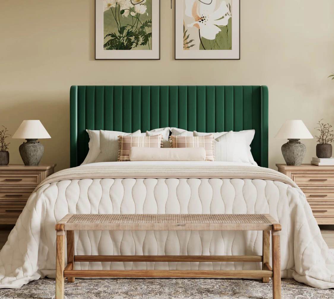 candler velvet upholstered platform bed with wingback headboard and wooden slats