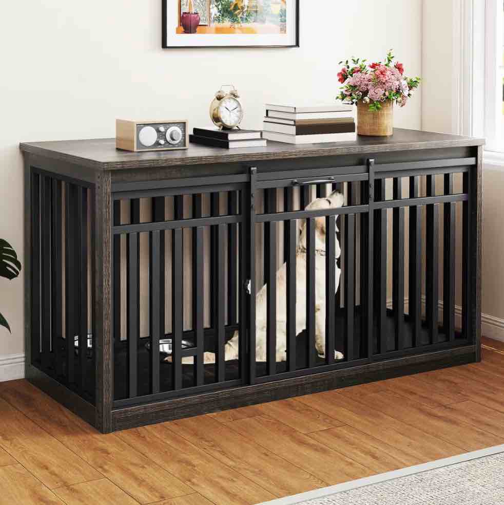 Wooflex Double Dog Waterproof Hard-Sided Dog Crate, Black Oak, 55-in ( incomplete box 1 of 2 only)