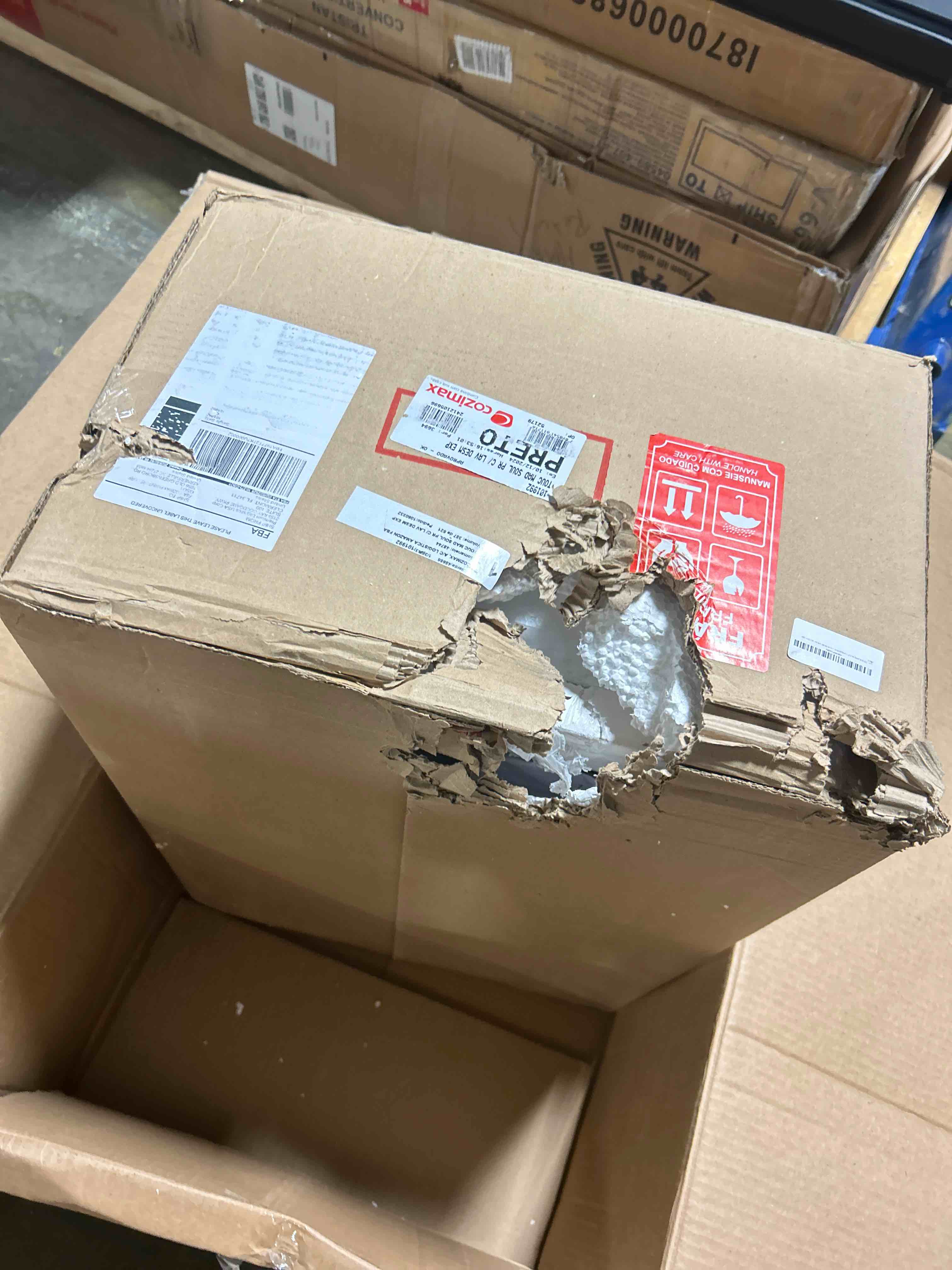 Condition photo showing As Is for cozimax vanity soul 24" floating bathroom vanity and cultured marble sink with soft close door (white)box was damaged and open)