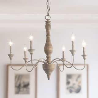 6-light rustic farmhouse wood chandelier 29.5 in. w with antique white french country accents and classic candle style