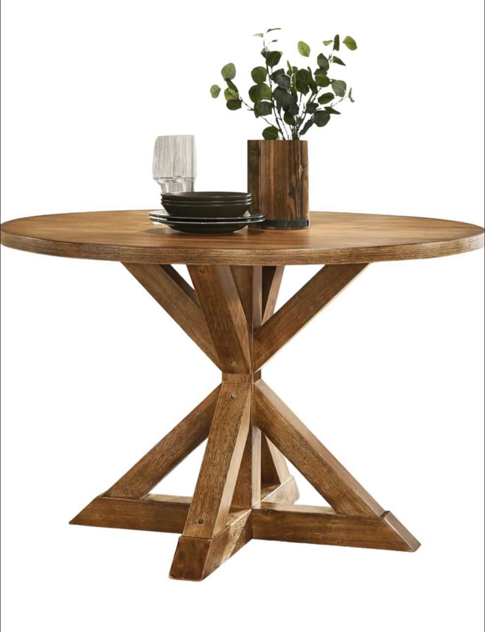 roundhill furniture windvale cross-buck base dining table, brown