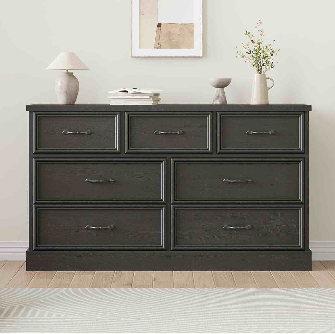 garvee 7 drawer dresser for bedroom, 55'' wide wooden dressers with metal handle, mid century modern chest of drawers closet clothes storage organizer for living room, entryway, black