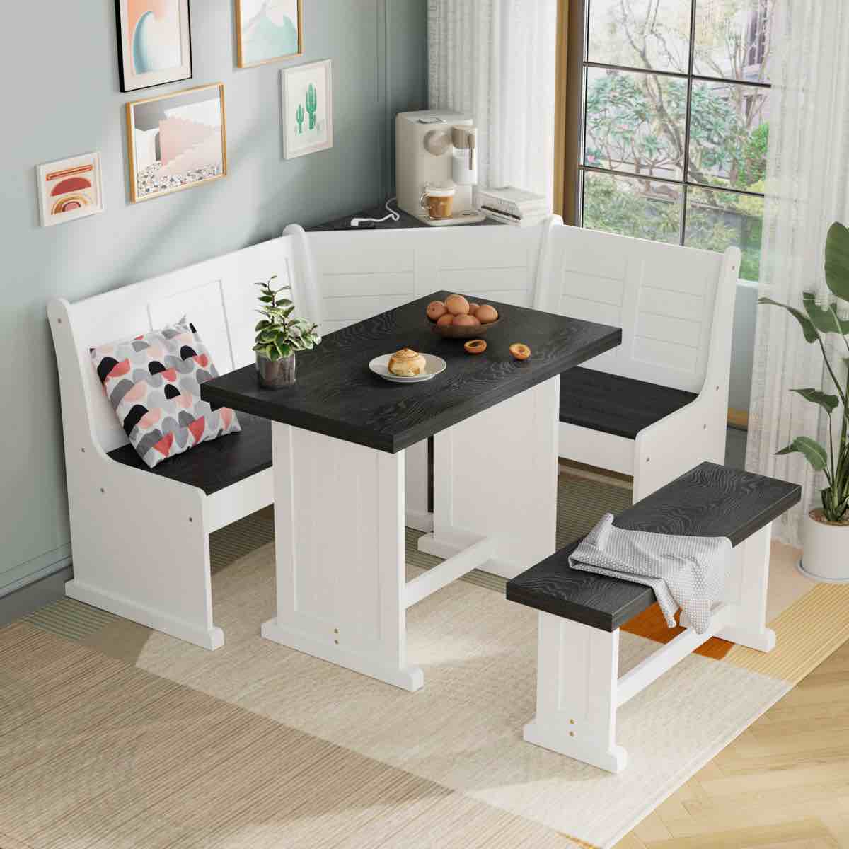 FSC Solid Pine L-shape Breakfast Nook Set Dining Corner Set With Charging, Storage & Reversible Bench (seats 3-5)(Box has been opened not complete)