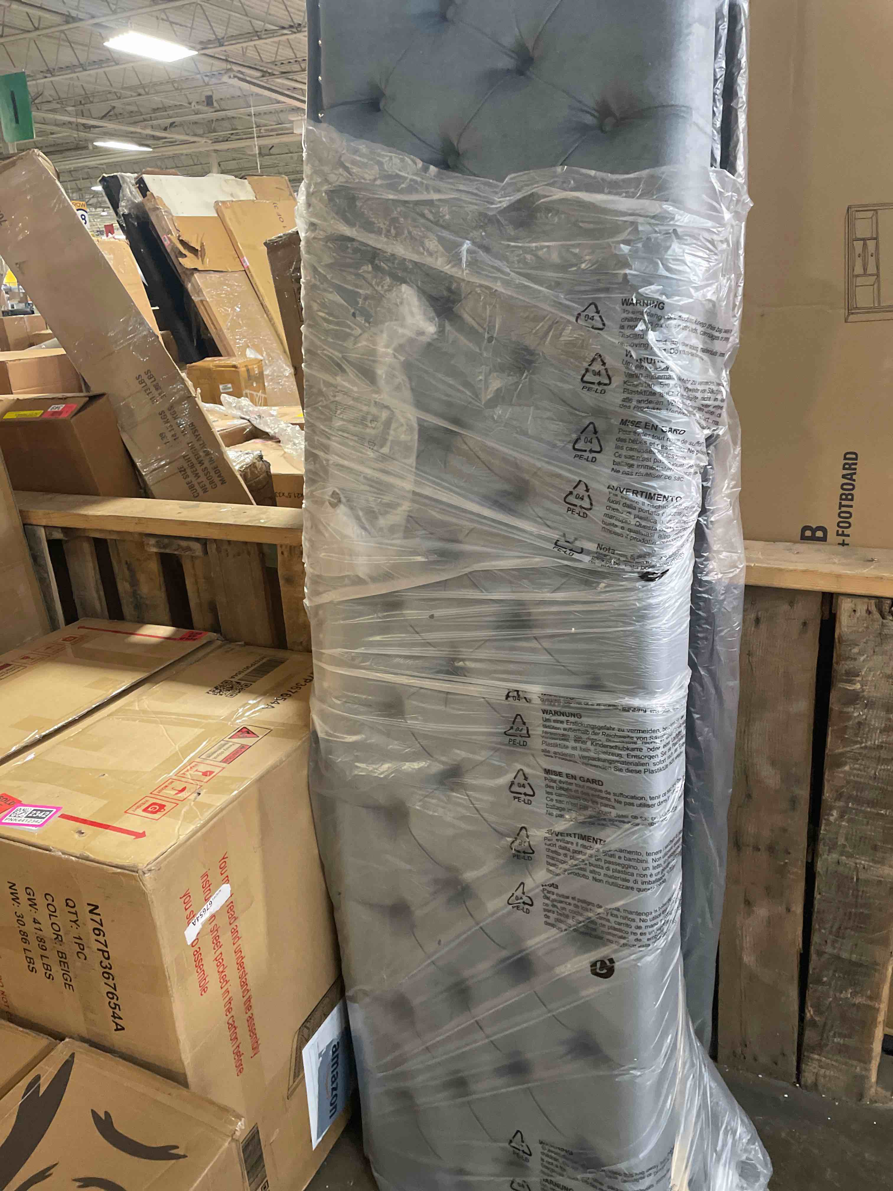 Condition photo showing As Is for feonase queen bed frame with upholstered wingback headboard, platform bed and heavy duty wooden slats support, easy assembly, noise-free, no box spring needed, light gray (incomplete)