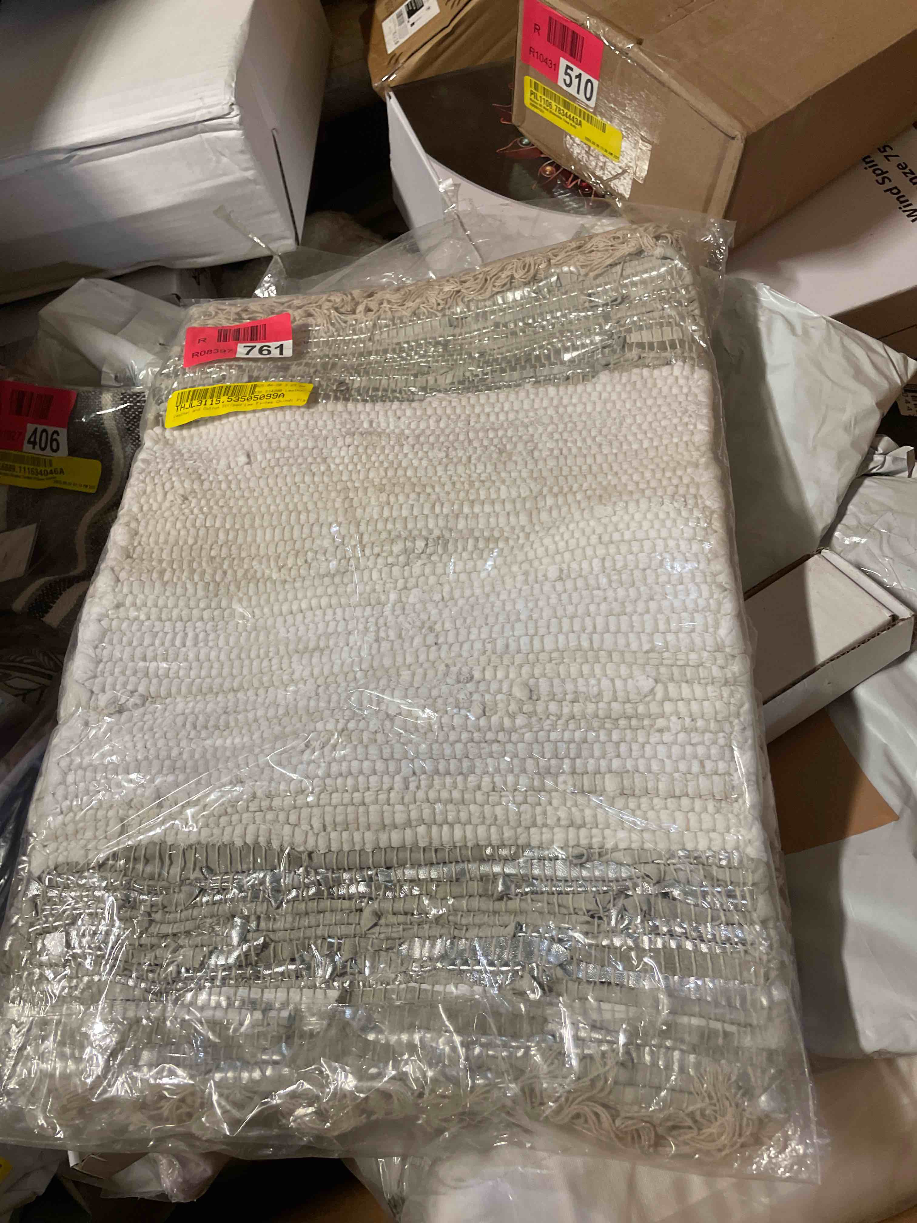 Condition photo showing New/Like New for fennco styles silver striped leather chindi cotton table runner with fringe – 16x72 inch rectangular silver white table cover for home décor, dining table, banquets, holidays and special occasions