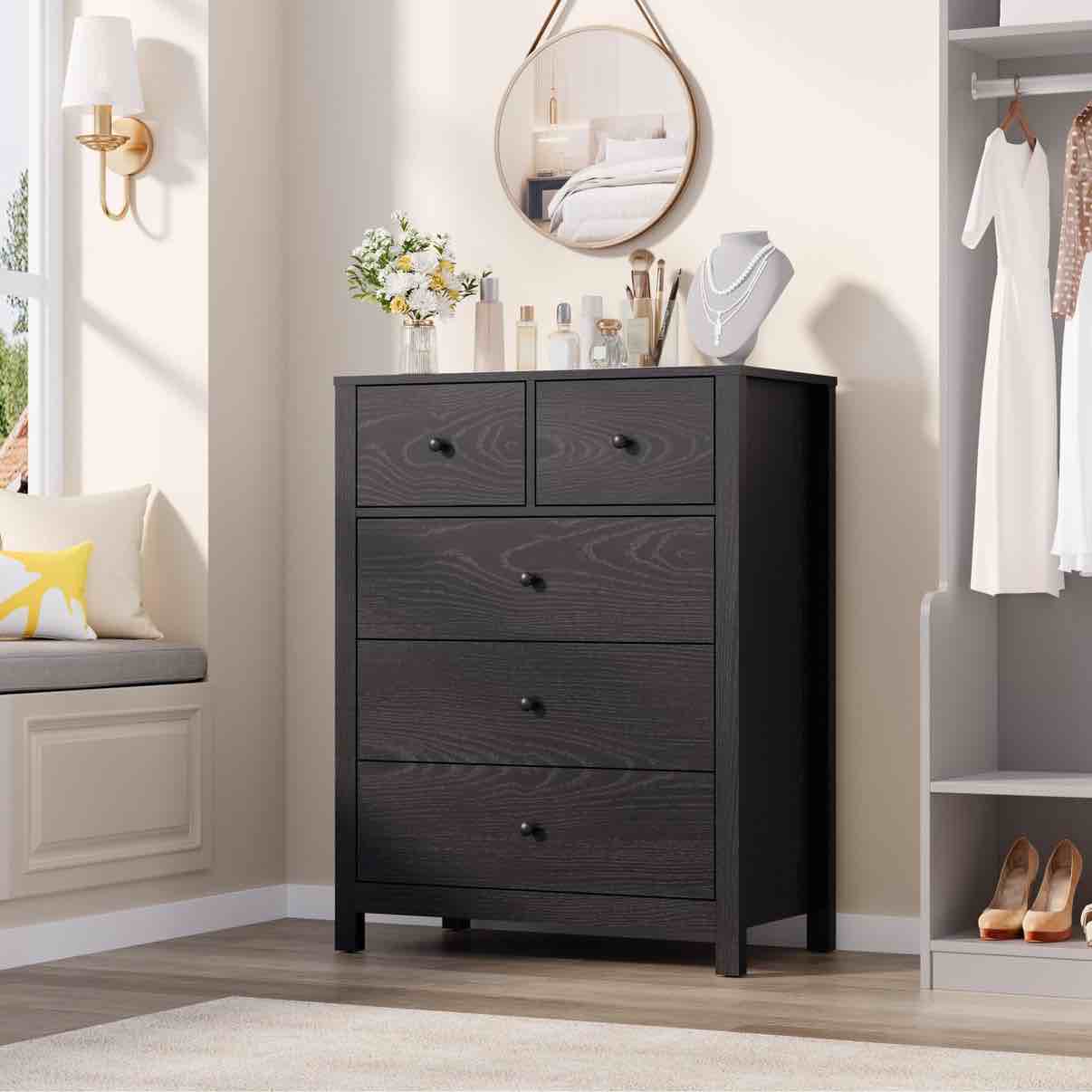 garvee 5 drawer dresser modern wooden drawers cabinet bedroom living room hallway black