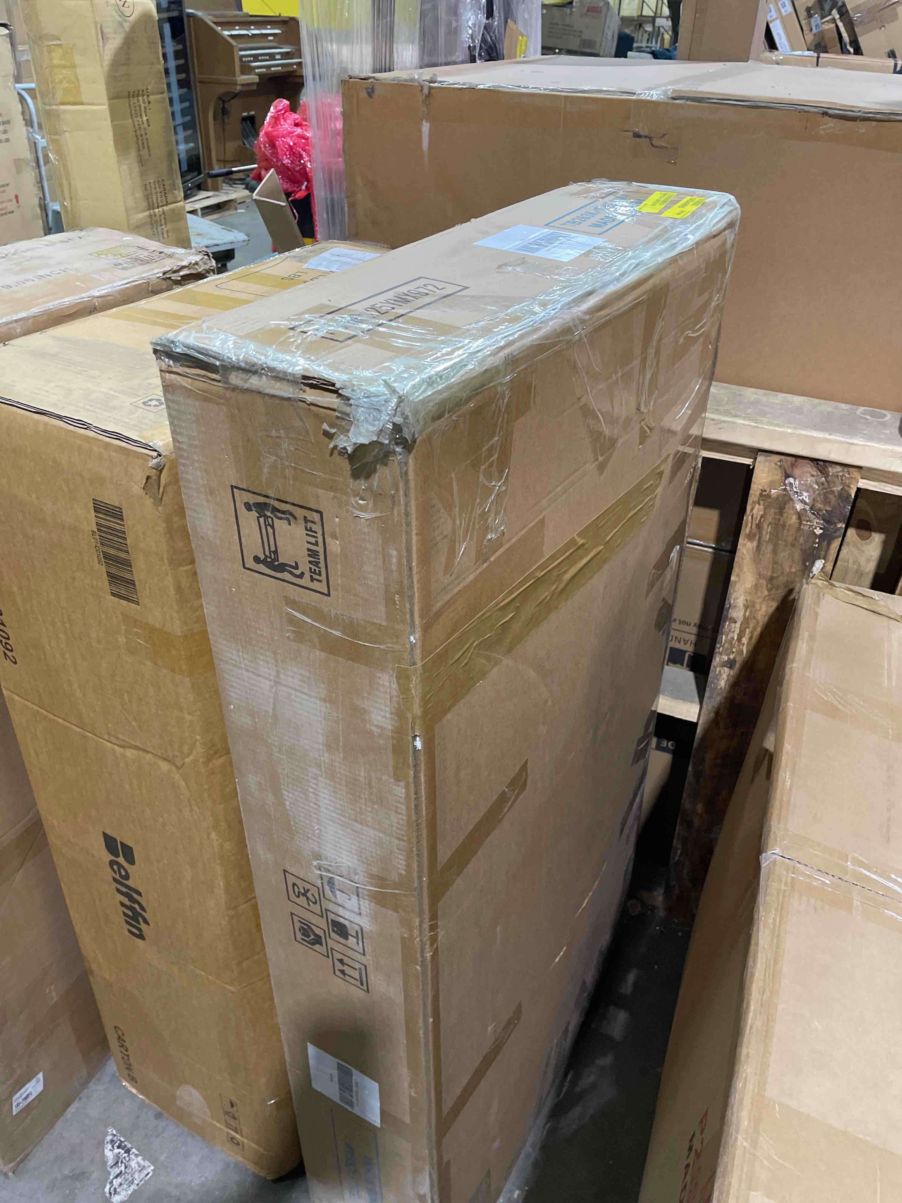 Condition photo showing As Is for yechen king size bed frame, wood bed frame with upholstered headboard, solid wood posts and feet platform bedframe, no box spring needed, beige linen (incomplete) 