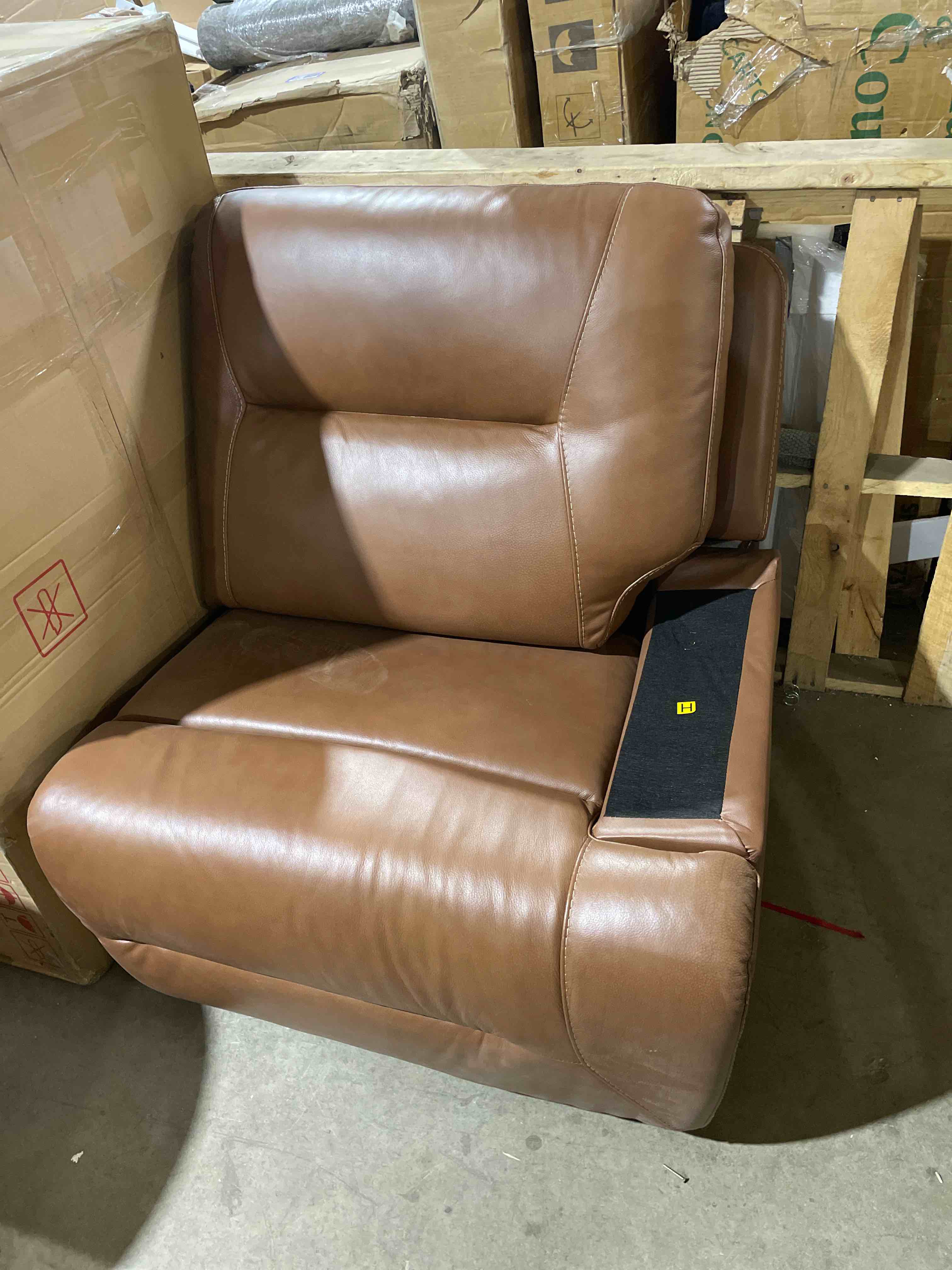 Condition photo showing As Is for zero wall power recliner with bluetooth speaker & usb ports - home theater electric recliner chair with cup holder, arm storage, led lights, phone holder & removable tray table