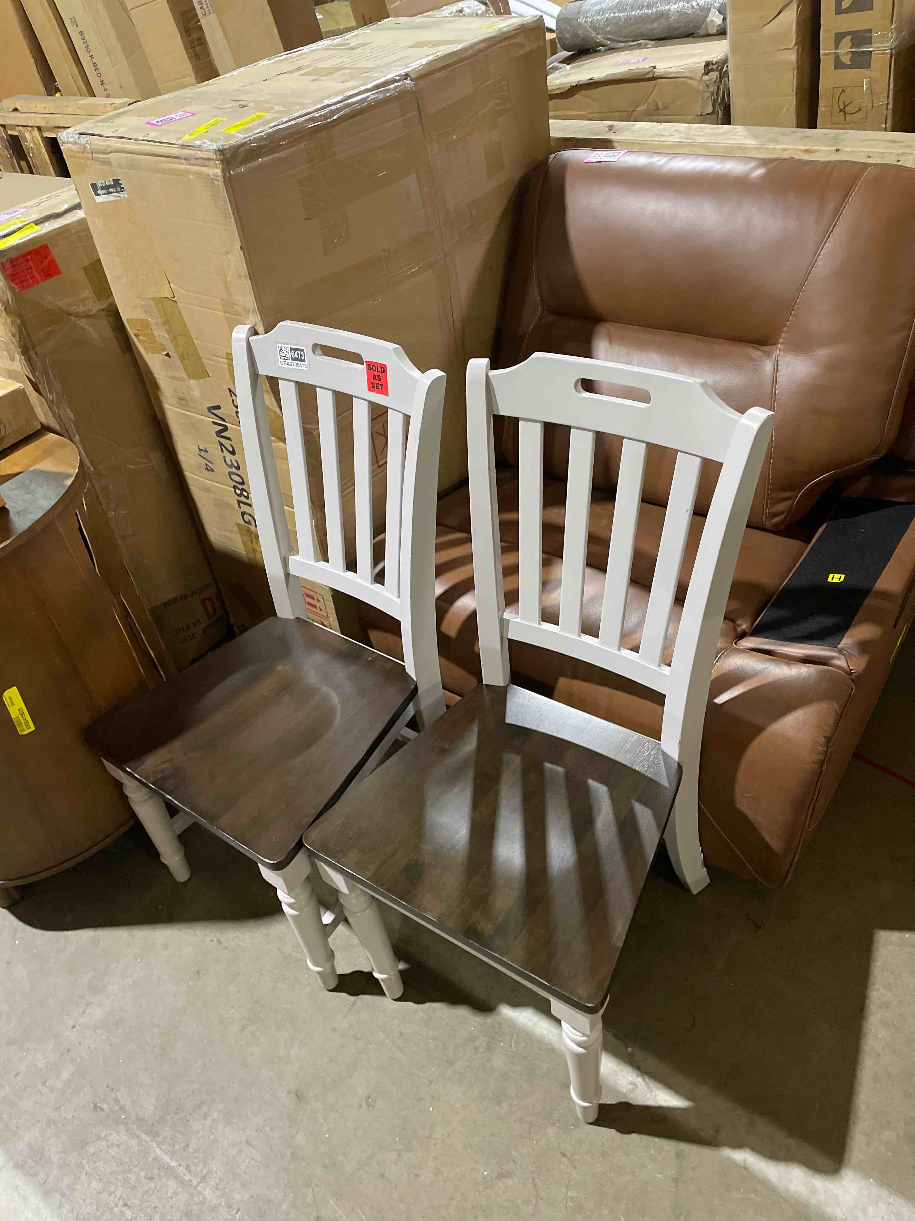 Condition photo showing Good Condition for jofran orchard park slatback dining chair set, grey (set of 2) (missing bolts for leg)