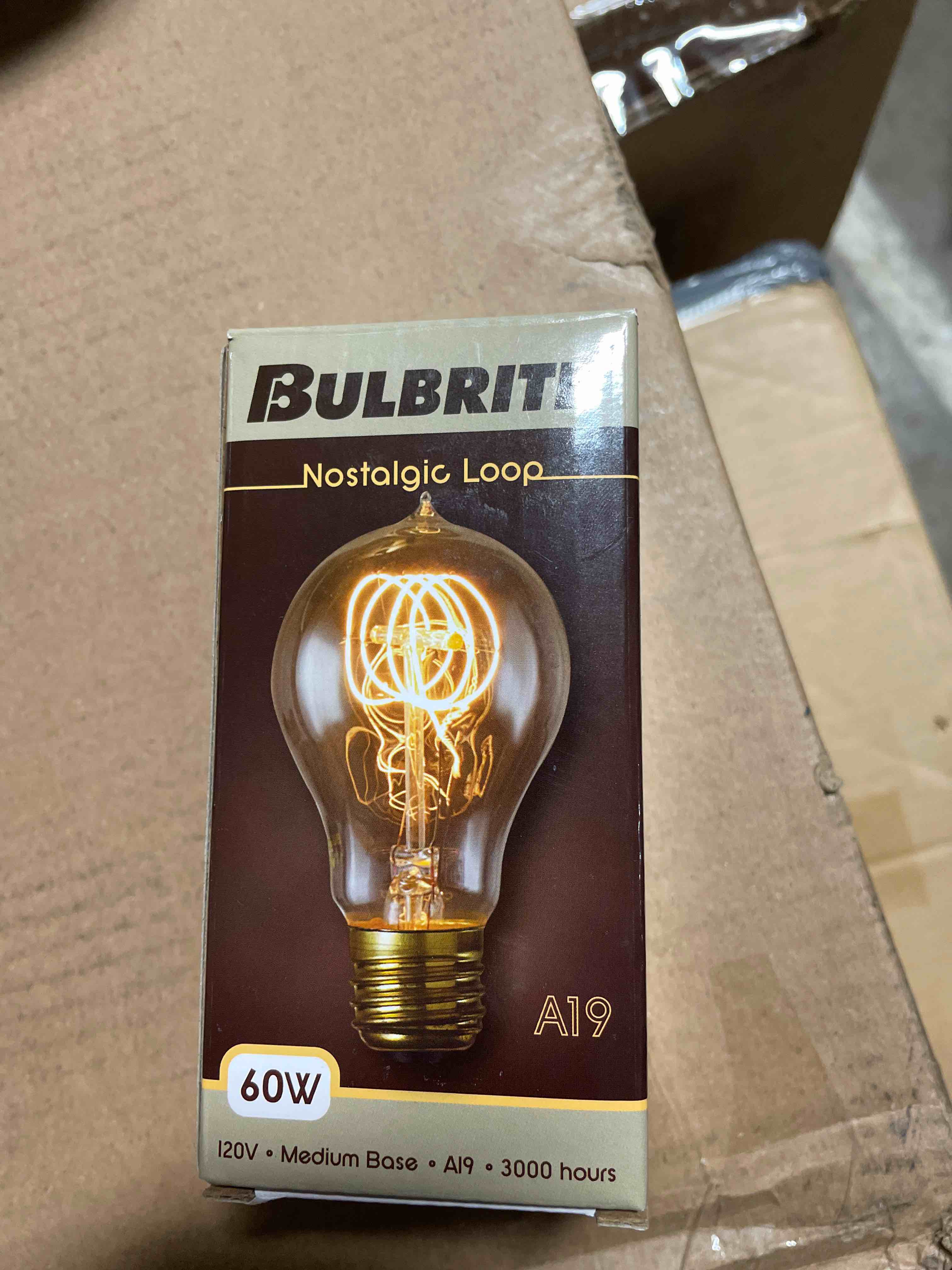 Condition photo showing New/Like New for bulbrite 136020 60-watt incandescent nostalgic victor loop a19 - medium base - antique finish - pack of 6
