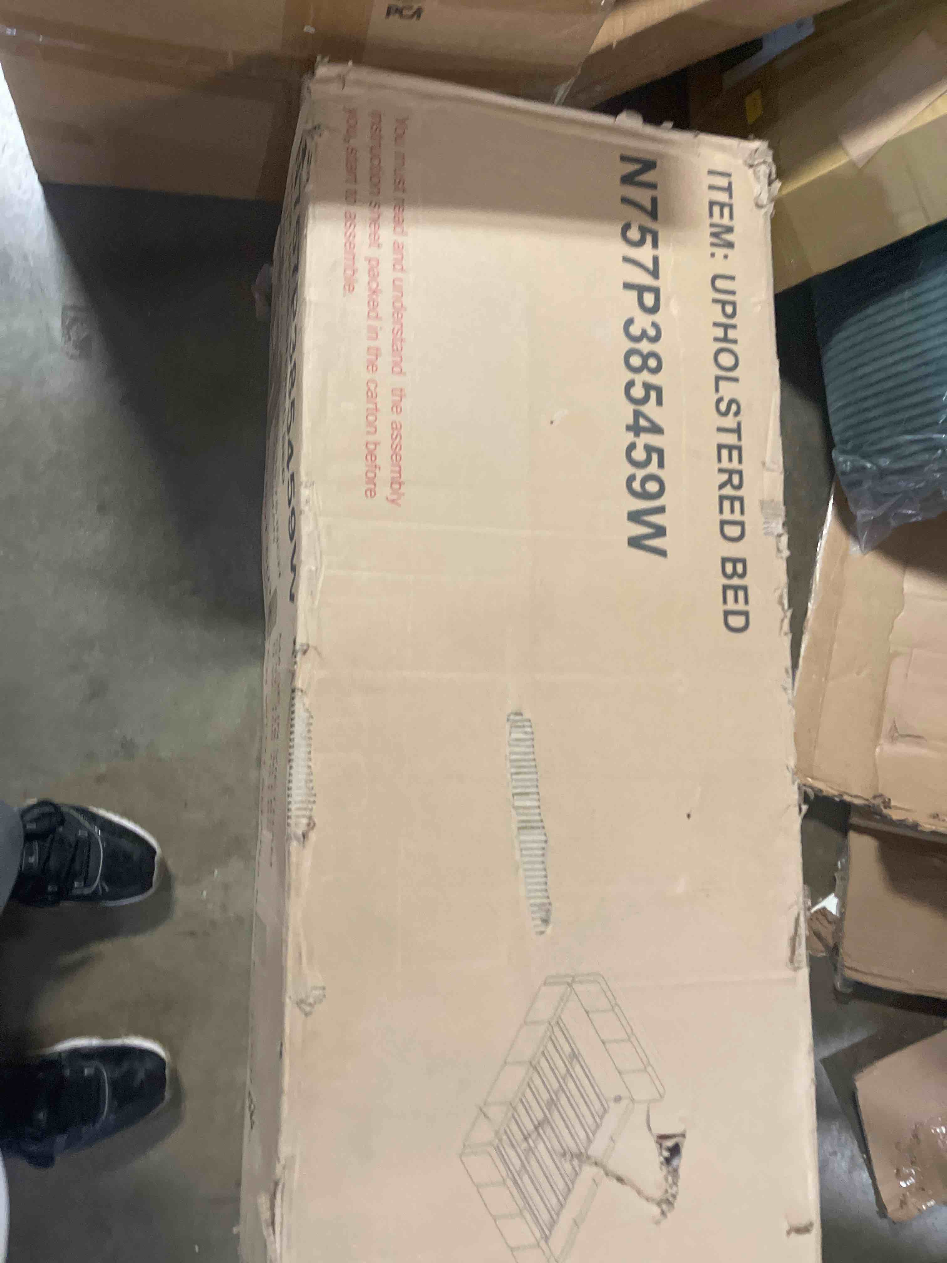 Condition photo showing As Is for keiki king thick chenille bed frame with 4 storage drawer & upholstered tufted headboard, modern solid wood floor platform for bedroom, no box spring needed