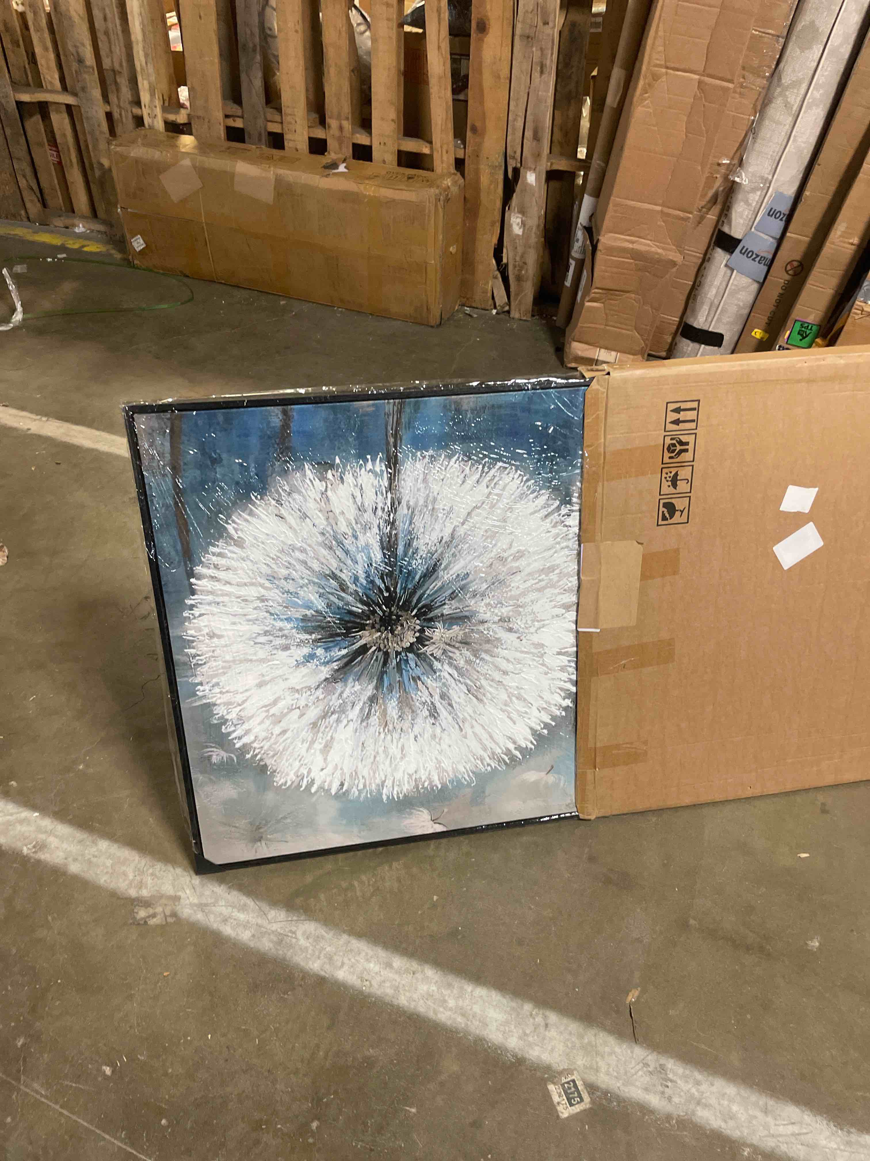 Condition photo showing New/Like New for 58” x 36” dandelion canvas print - framed wall art for living room & bedroom - large white flower flora home decoration (with solid wood dark frame)