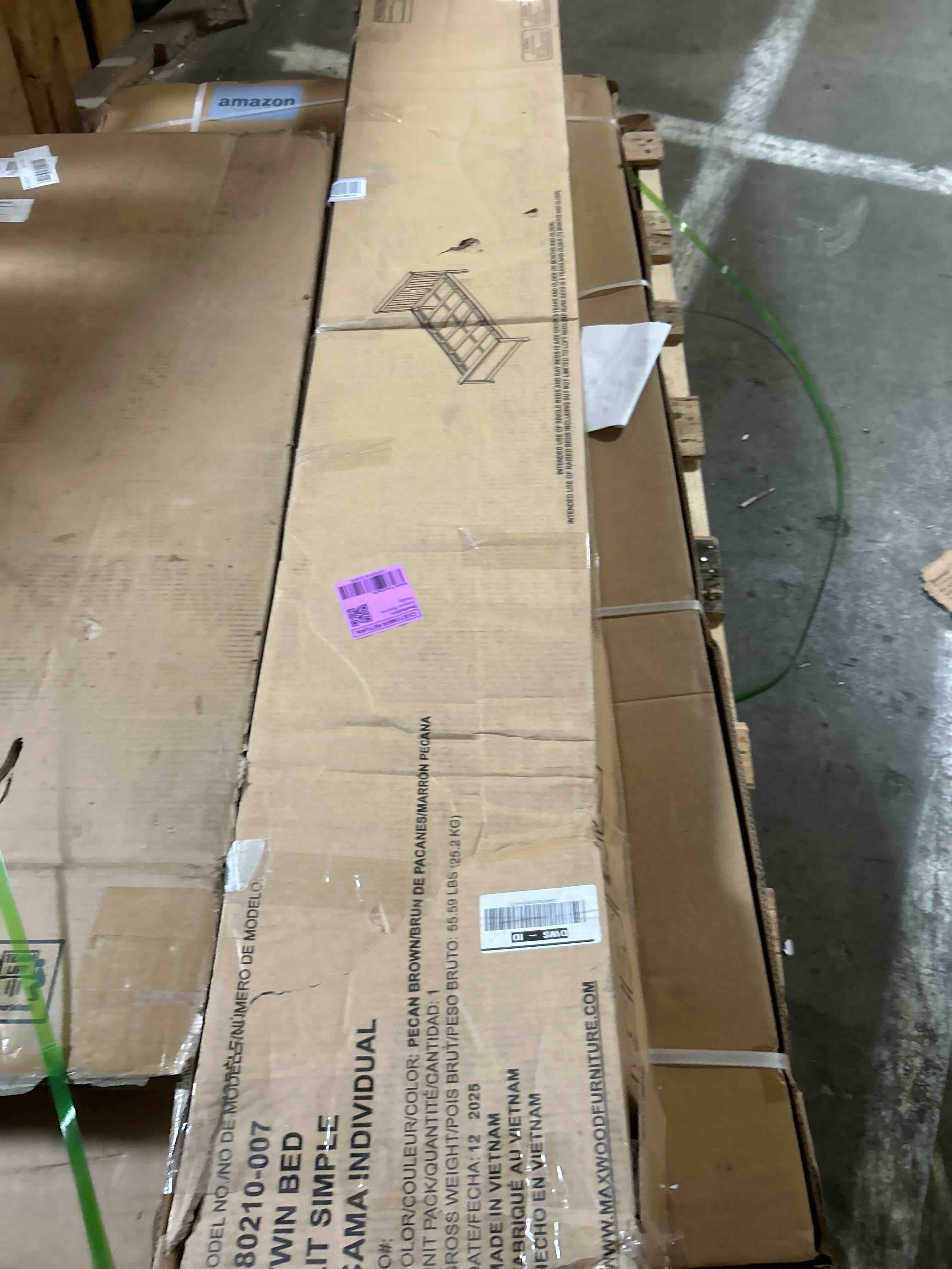 Condition photo showing New/Like New for max & lily twin bed frame with slatted headboard, solid wood platform bed for kids, no box spring needed, easy assembly, pecan