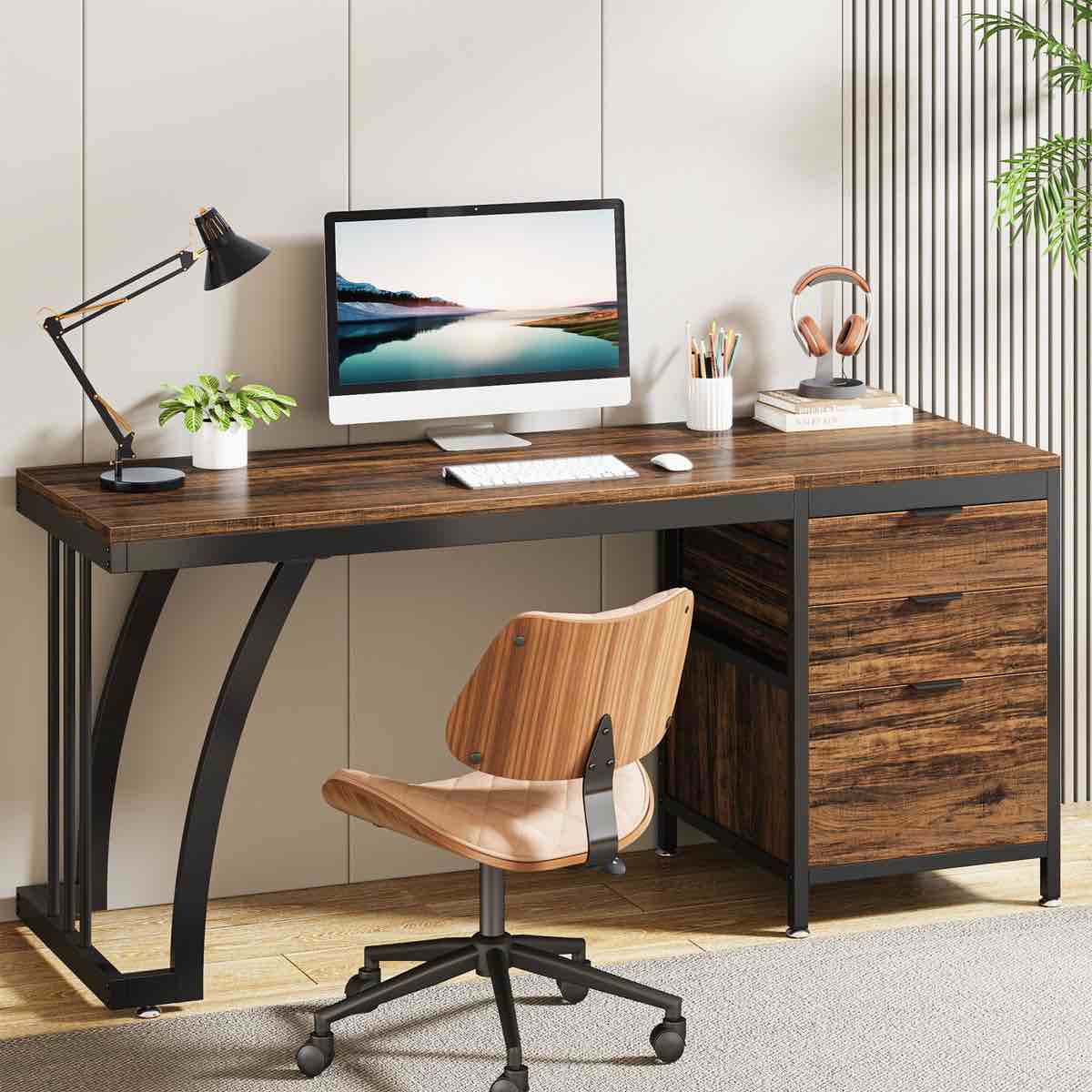 Industrial Computer Desk, 59" Study Desk with Reversible Drawer Cabinet