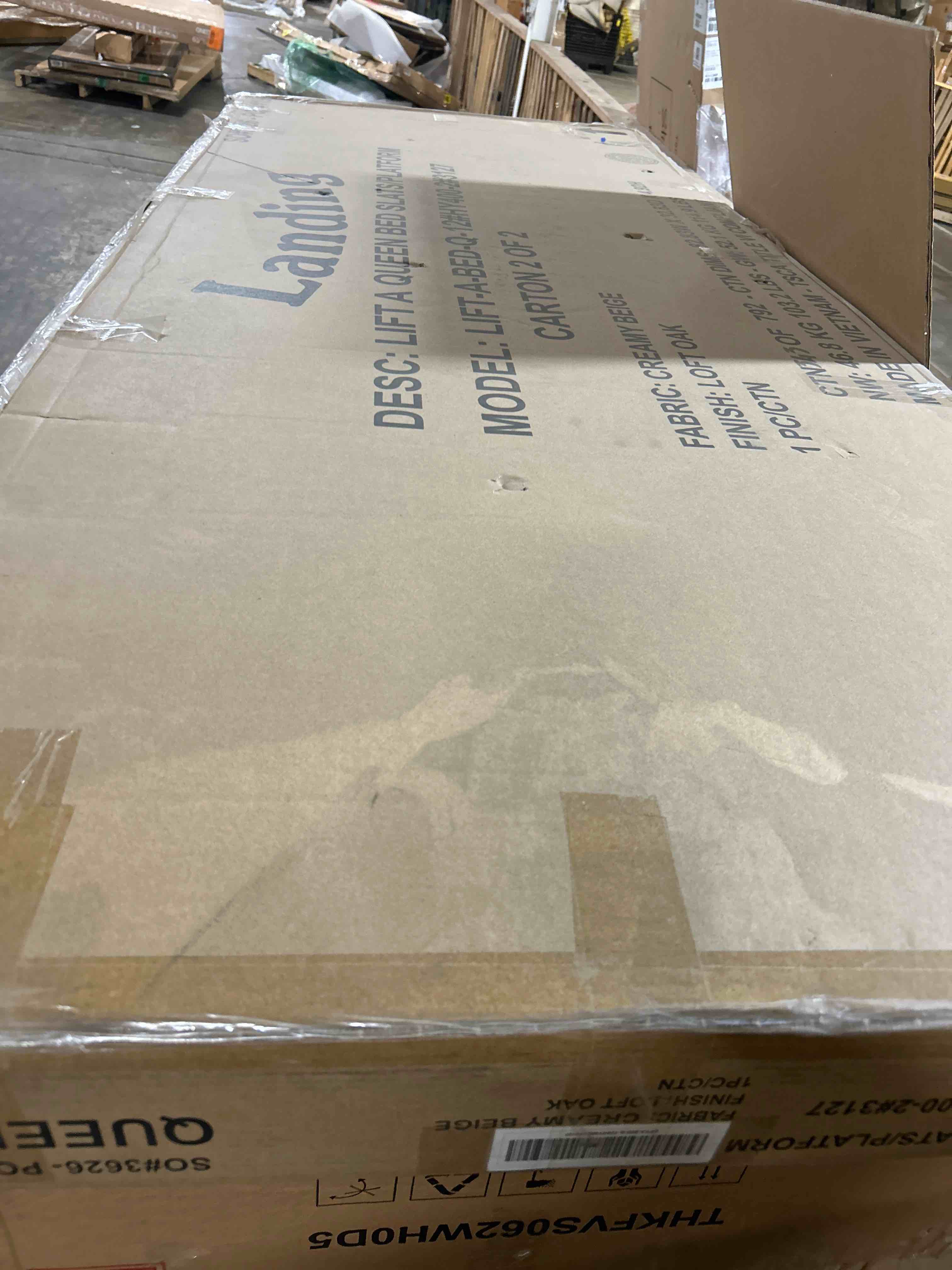 Condition photo showing As Is for allewie queen size platform bed frame with fabric upholstered headboard and wooden slats support, fully upholstered mattress foundation/no box spring needed/easy assembly, beige(incomplete)