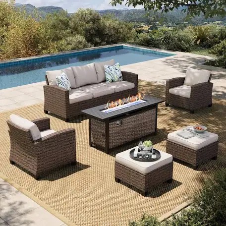 8-Piece Outdoor Furniture Set with Fire Pit Table, Patio Conversation Set with 5.5" Thick Cushions & High Back Swivel Chairs, All-Weather Wicker Deep Seating Sofa with Ottomans, Grey (incomplete) 