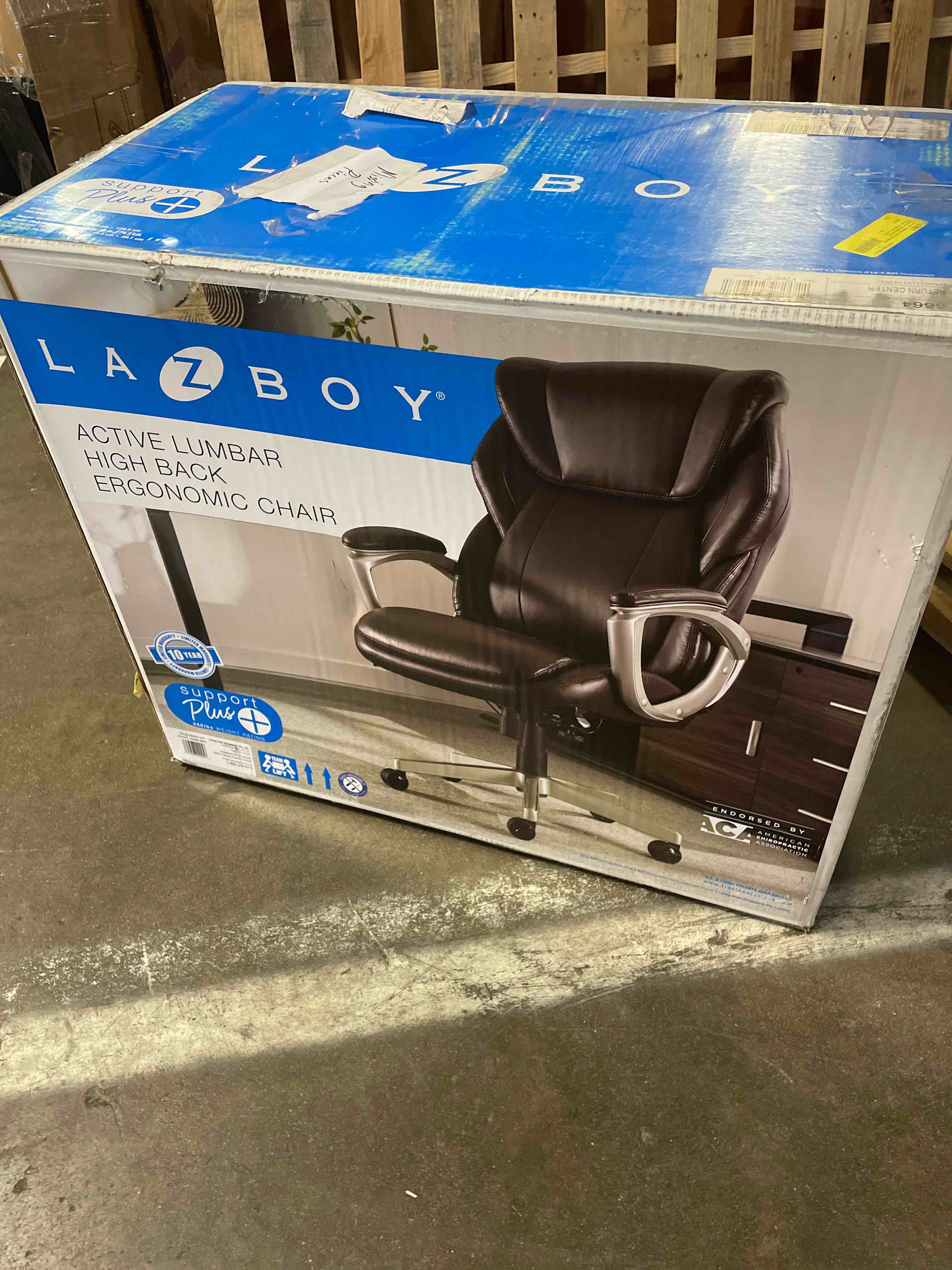 Condition photo showing As Is for lazzyboyy executive office chair, brown leather, big and tall, active lumbar support, ergonomic design with silver base-patented active lumbar technology-construction supports up to 350lbs (missing pieces)