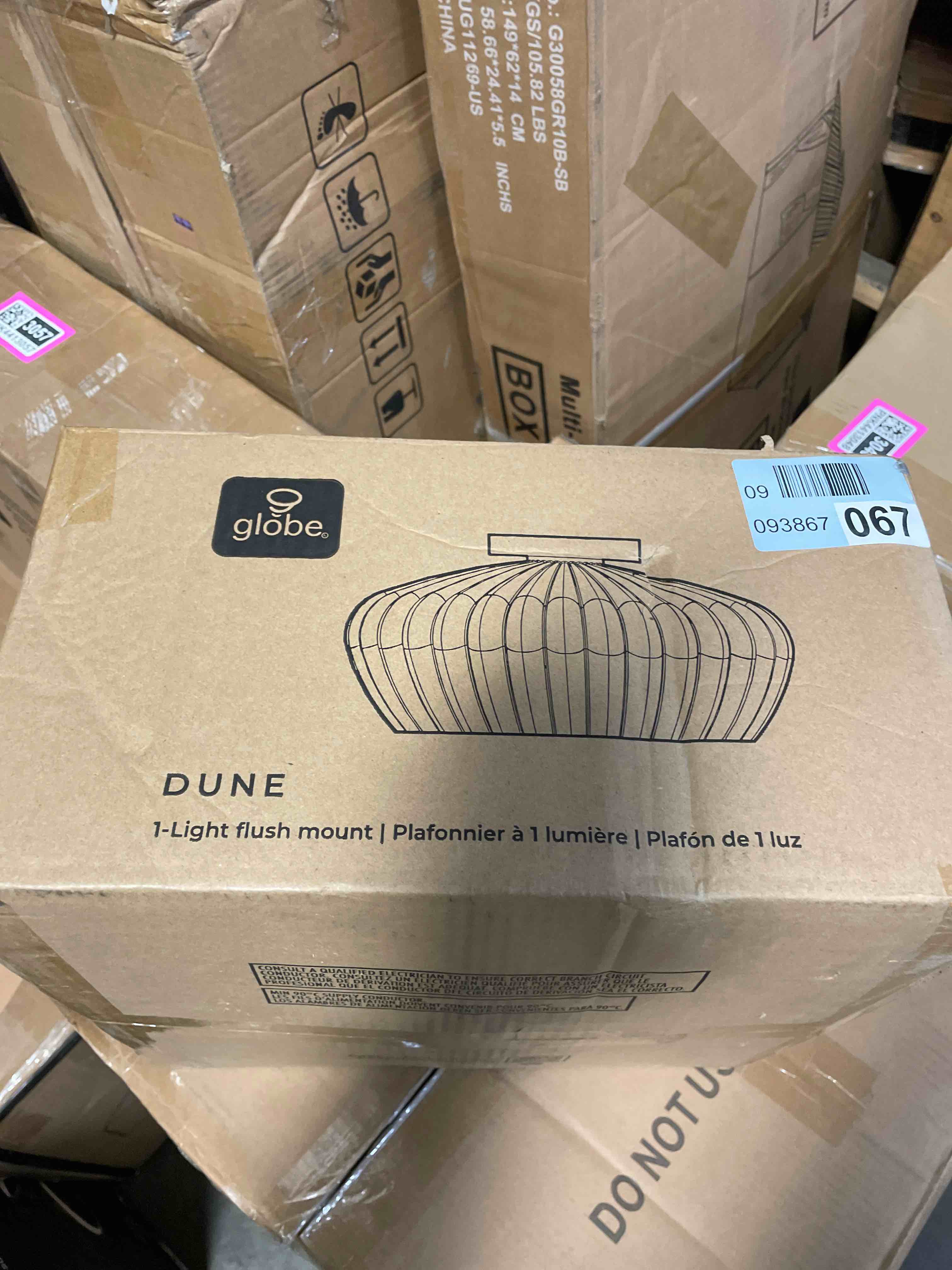 Condition photo showing New/Like New for globe electric 1-light flush mount ceiling light, brass, cream resin shade, organic modern minimalist style for home lighting