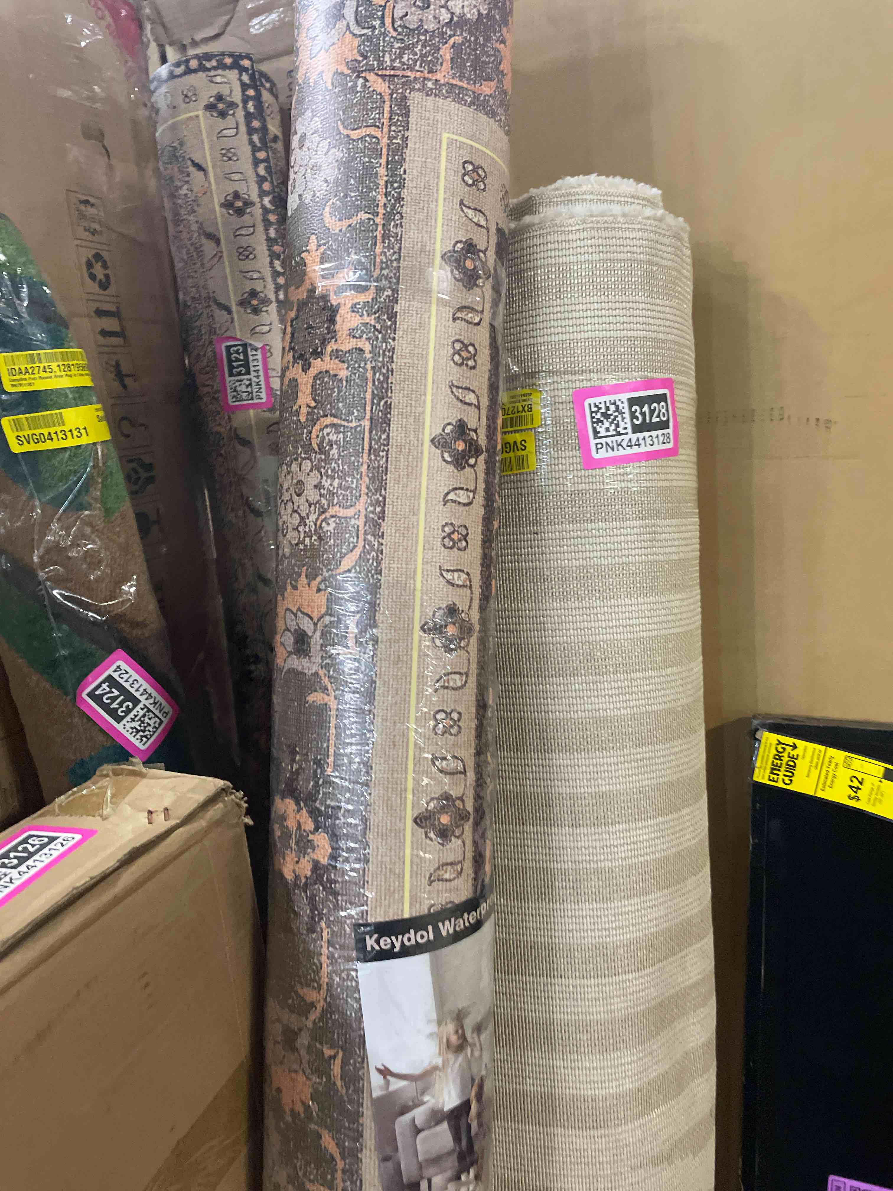 Condition photo showing As Is for 6.5x10 durable vinyl rugs for living room, vintage floral pattern for dining room, bedroom, home office, bobo beige non-slip large rugs for indoor&outdoor rv, deck, backyard, balcony,modern home decor 6.5' x 10'(vinyl) beige