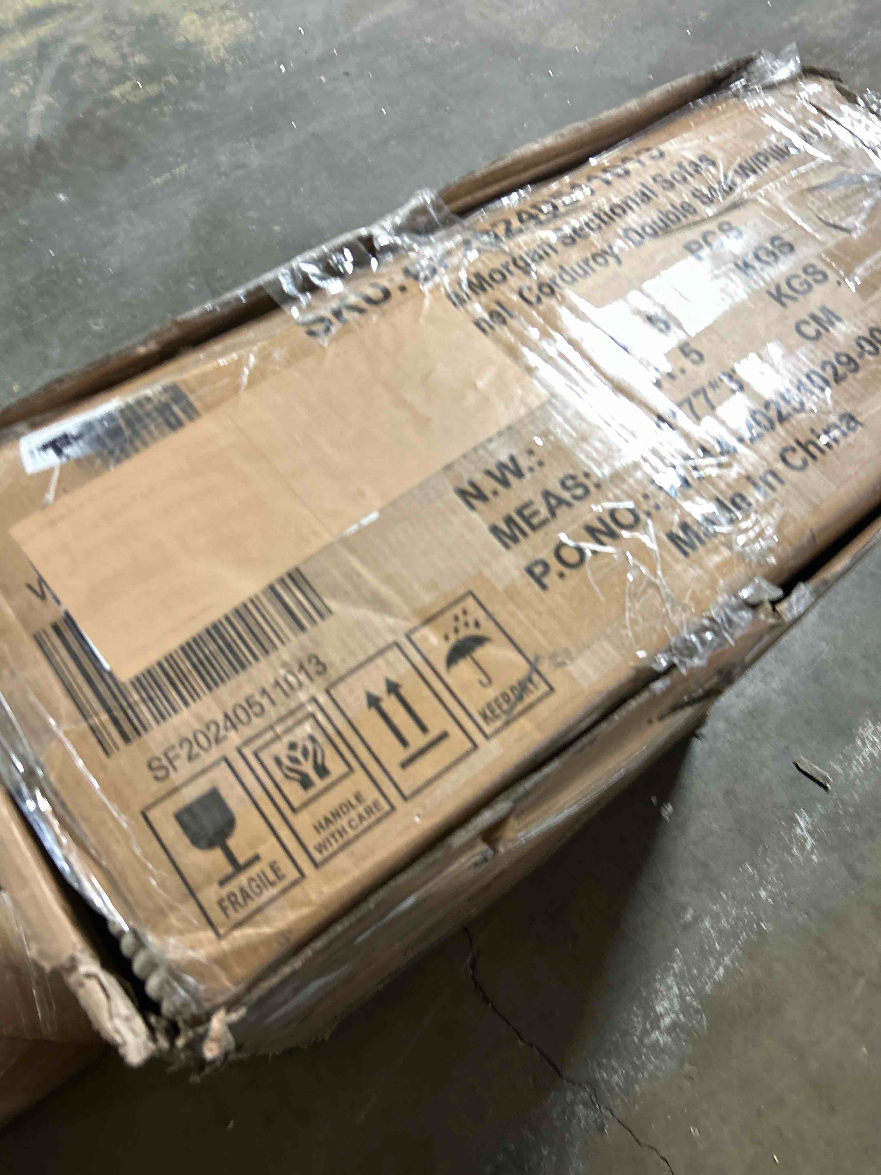 Condition photo showing As Is for lakifun 135" l-shape sofa with ottoman, modern modular sectional comfy u-shape cloud couch, deep seat, upholstered corduroy sleeper chaise longue for living room bedroom, no assembly required, camel(1 piece only)