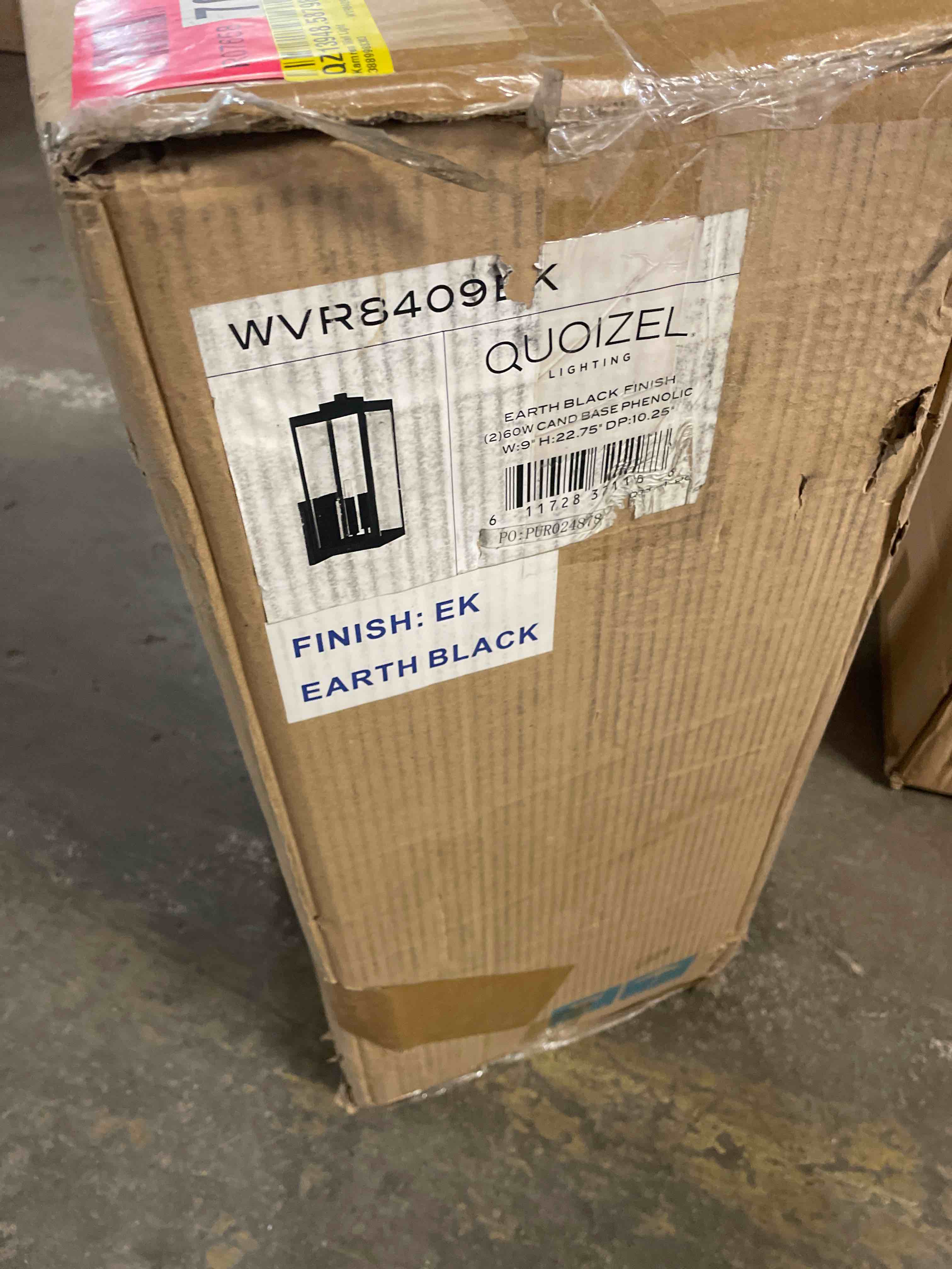 Condition photo showing New/Like New for quoizel westover 22.75" outdoor wall sconce, 2-light earth black with beveled glass, e12 base, wet rated