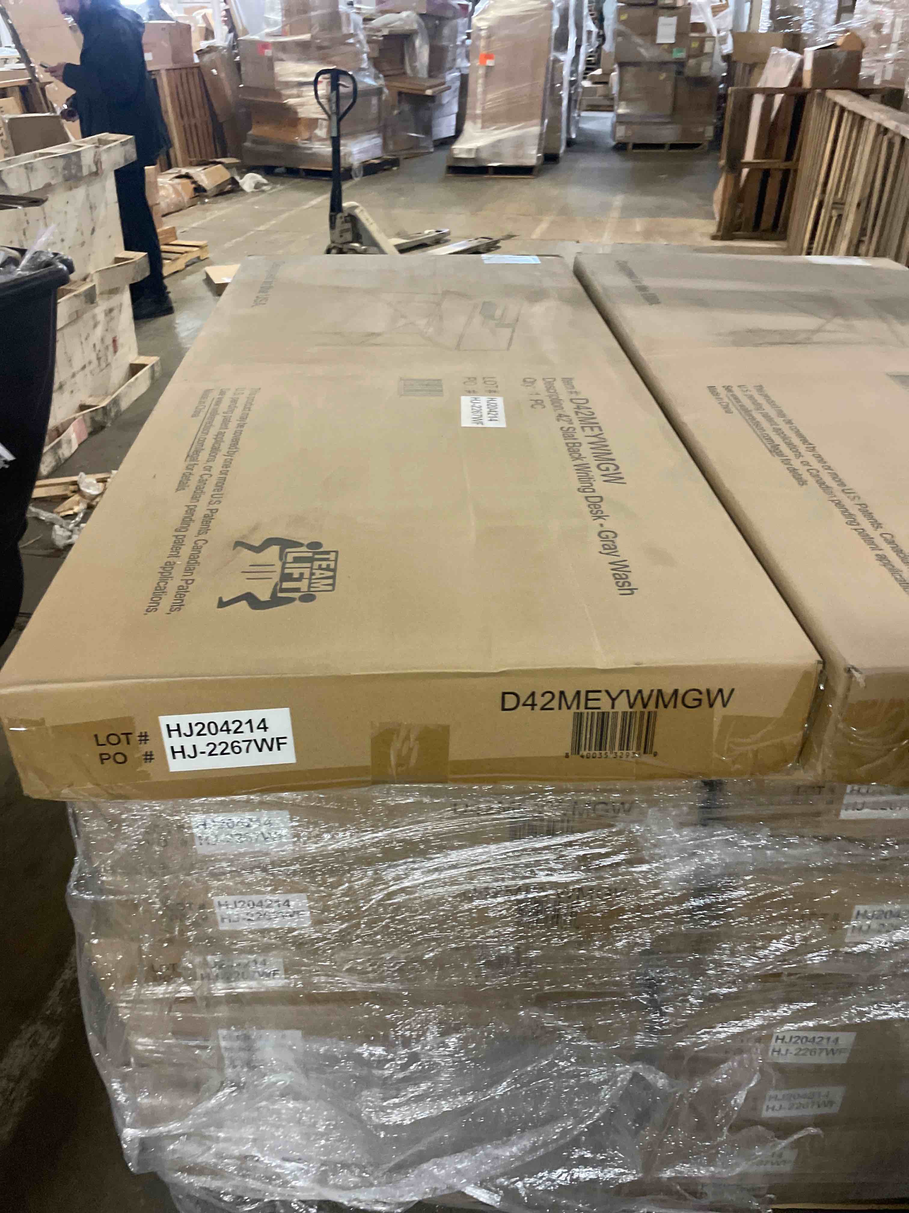 Condition photo showing New/Like New for 42  modern slat back adjustable storage writing desk - grey wash