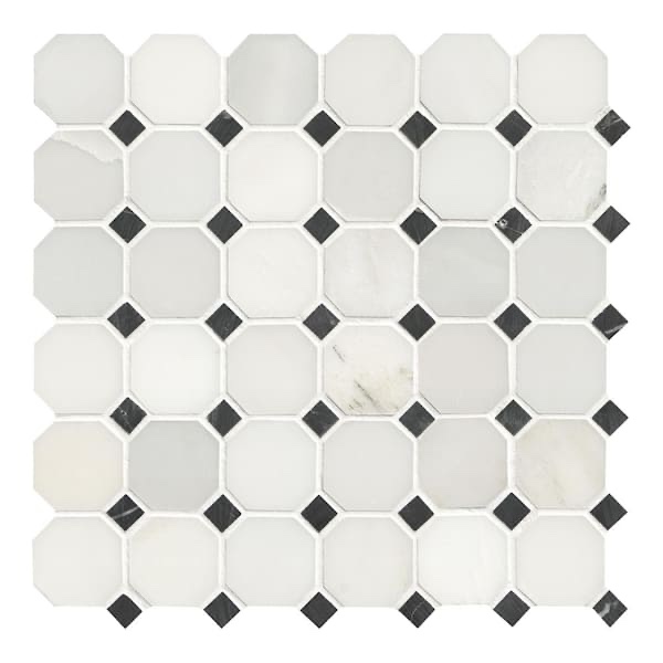 Greecian White 12x12x0.38 in. Honed Marble Octagon Mosaic White Marble and Black Accents Floor Tile (10 sq. ft./Case) (set of 2) 