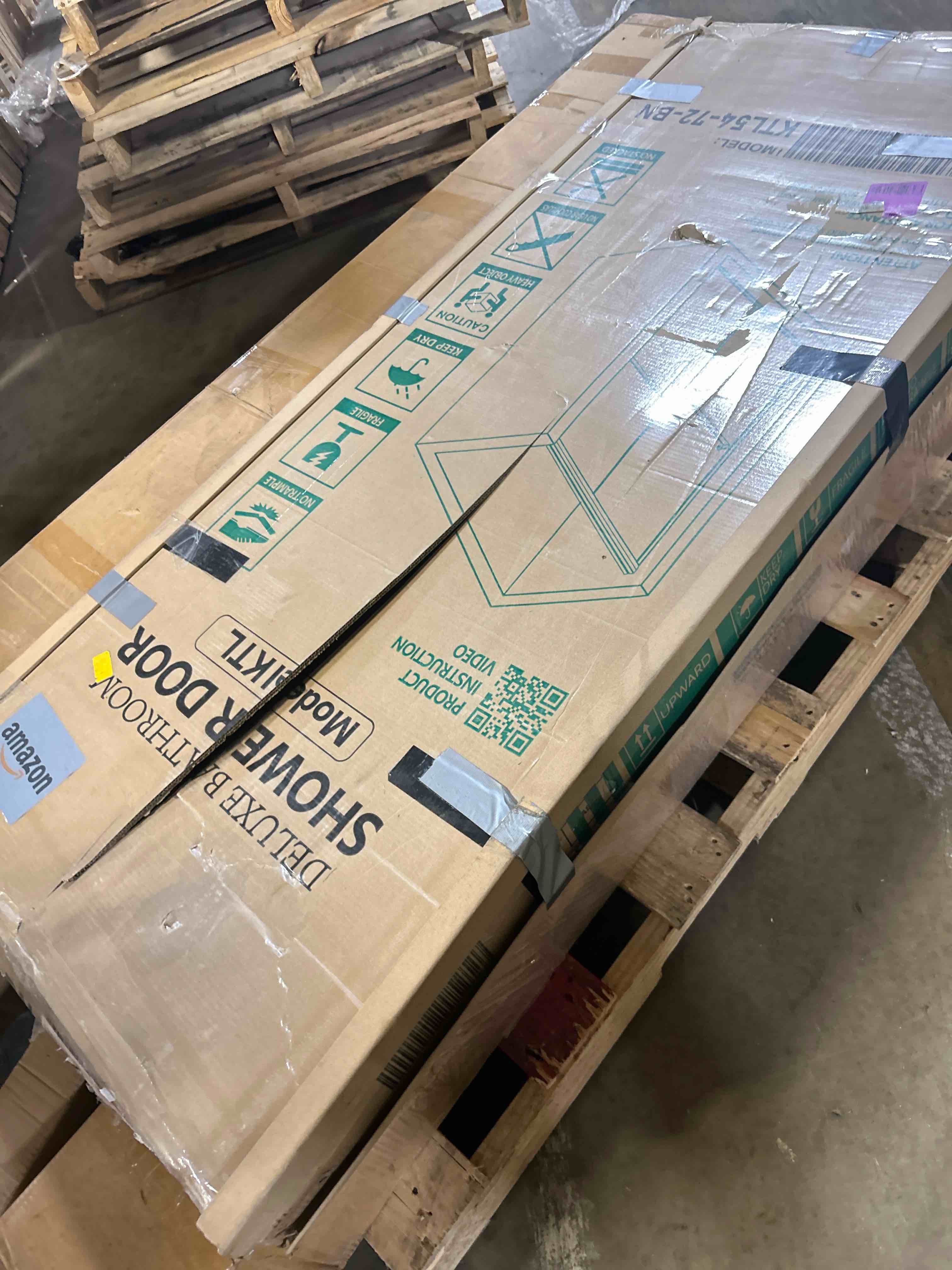 Condition photo showing New/Like New for 50 in.-54 in. w x 72 in. h double sliding framed alcove bypass shower door in brushed nickel with 1/4 in. clear glass