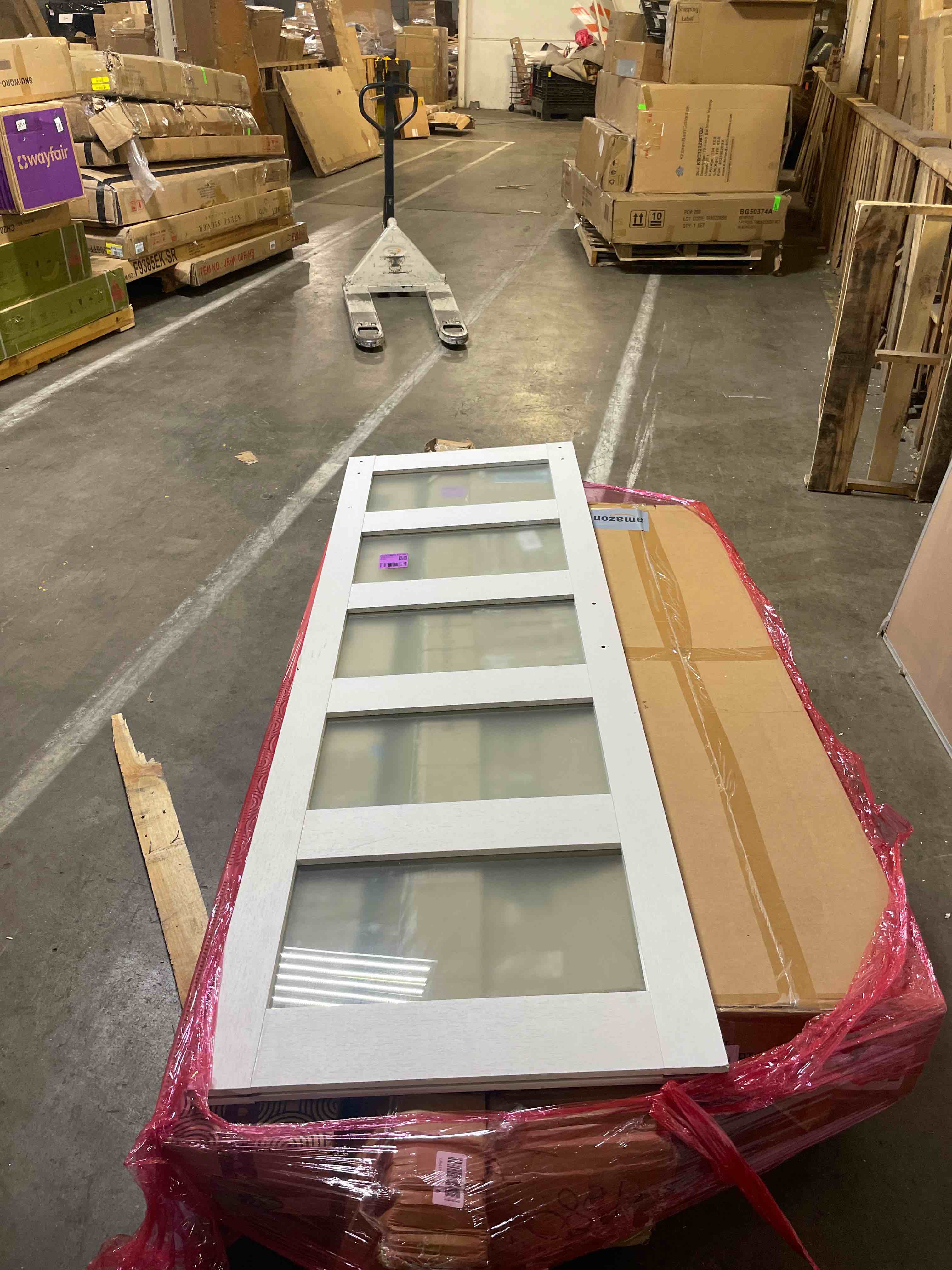Condition photo showing Good Condition for sliding pocket door 24" x 80" - 5 lites tempered frosted glass panels, interior & closet single door slab, white primed - panel assembly (needed without hardware kit