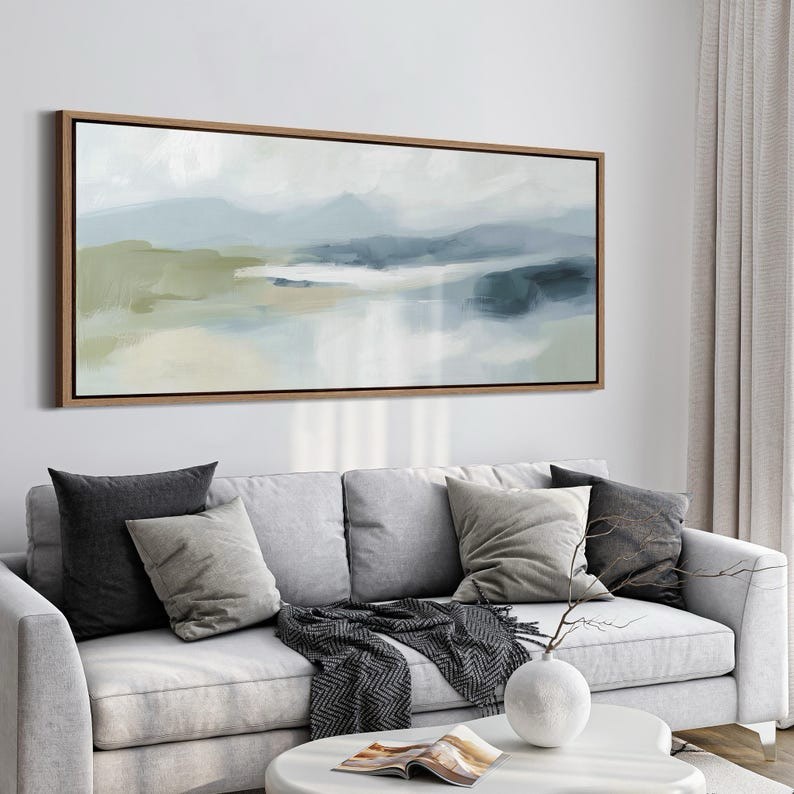 Abstract Blue & Green Landscape Wall Art - Large Framed Canvas Print, Soft Horizon Painting for Modern Coastal or Minimalist Decor