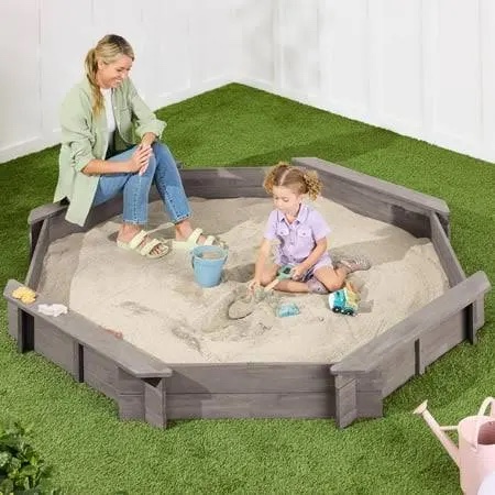Eleanor Grace Large Outdoor Octagon Wooden Sand Box for Kids, Sandbox with Cover, 4 Reinforced Benches Support