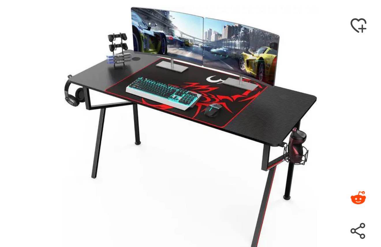 EE EUREKA ERGONOMIC Gaming Desk 55", K Shaped Large Gaming Computer Desk Home Office PC Gamer Desk Table with Mouse Pad Headphone Hook Cup Holder, Black