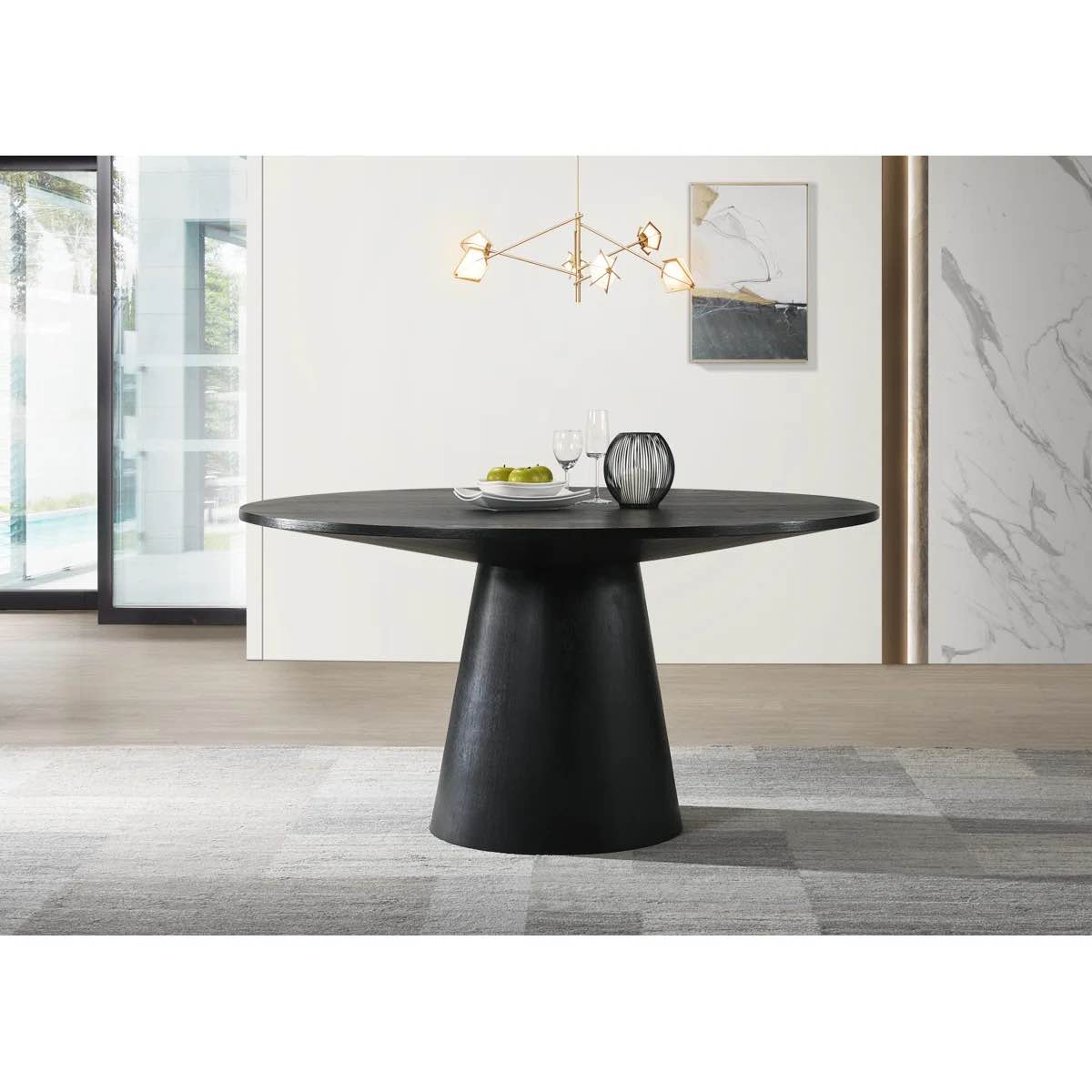 Arwilla Ebony Black 59"W Contemporary Round Dining Table with Pedestal Base