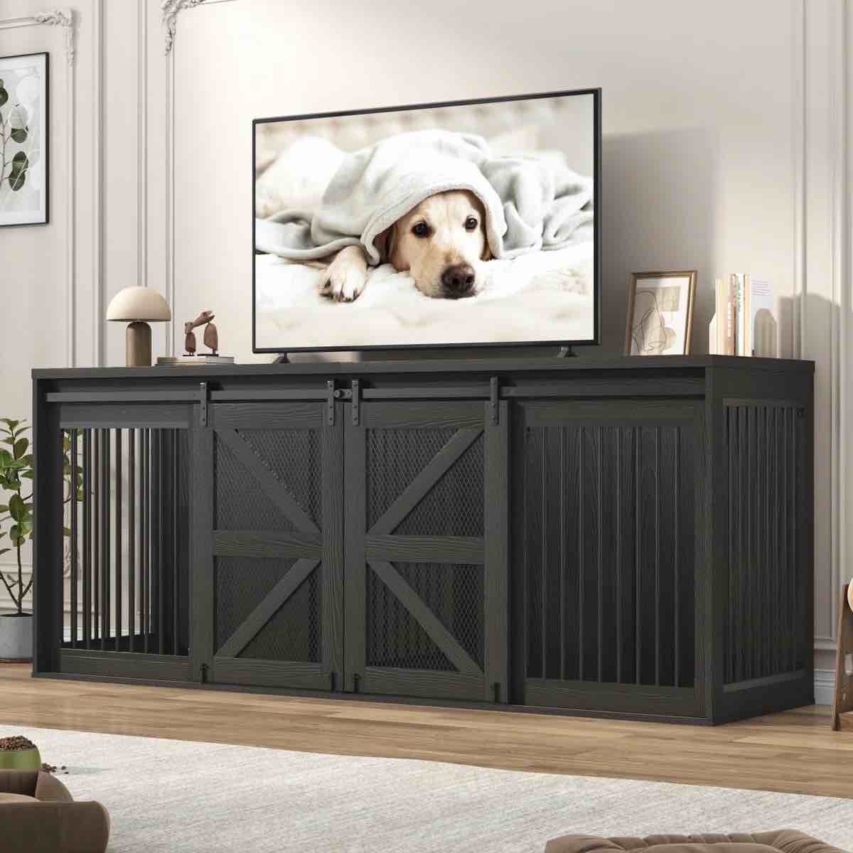 87"W Dog Crate Furniture, Farmhouse Wooden Dog Kennel TV Stand, With Sliding Metal Mesh Barn Door, Large Dog Crate Furniture For 2 Dogs, Metal Tube & 2 Lockable Doors