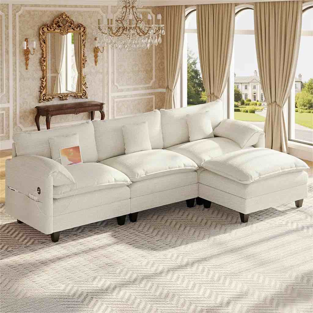 108'' Modular L-Shaped Sectional Sofa with Ottoman, Chenille Cloud Couch with Side Pocket & USB Ports for Living Room or Apartment,White, Box 1 only 
